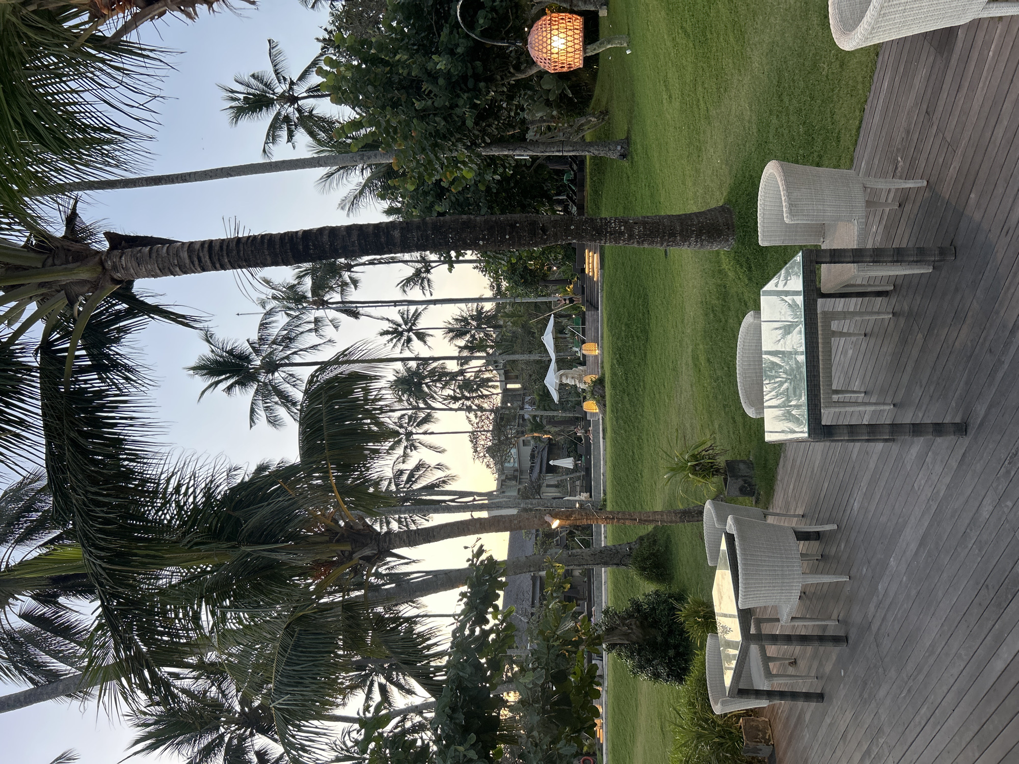 The image depicts an outdoor seating area with tables and chairs set on a wooden deck, surrounded by lush green grass and numerous palm trees. The scene appears to be a resort or restaurant located in Manggis, Indonesia, possibly during the late afternoon or early evening, as indicated by the soft lighting and the glow of a decorative lantern on the right side of the frame. In the background, a building with a thatched roof is visible, along with lounge chairs and umbrellas near a body of water, suggesting a resort setting. The overall atmosphere is tranquil and tropical.