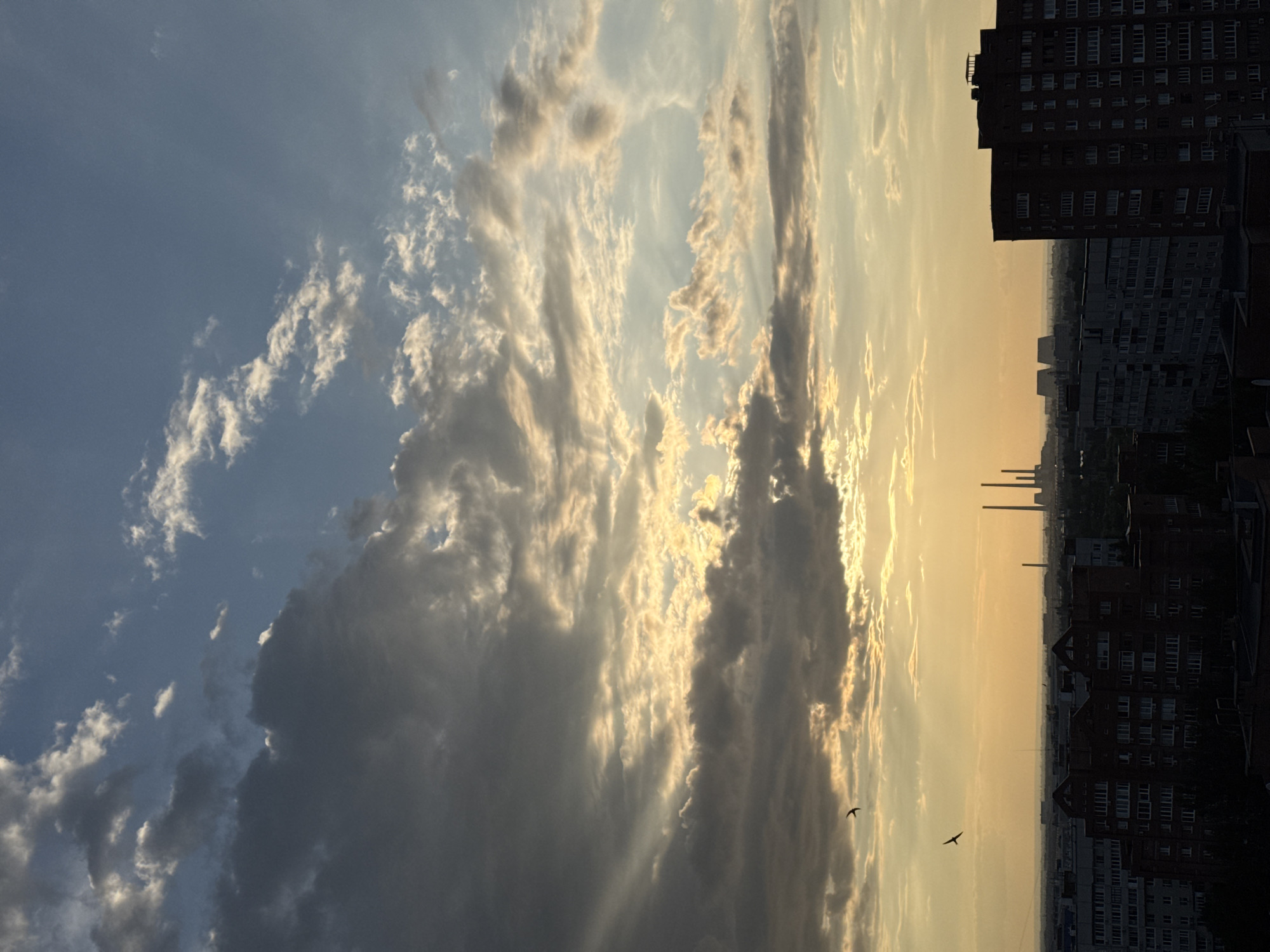 An outdoor, high-angle, eye-level shot captures a twilight cityscape under a dramatic sky. The sky is a blend of deep blue near the top, transitioning to a hazy yellow-orange near the horizon, illuminated by the setting sun. Wispy clouds, tinged with gold and grey, are scattered across the sky, with some larger, darker clouds casting shadows. Two small birds are silhouetted against the lighter sky. In the middle ground, a dense urban landscape stretches across the horizon, featuring rows of apartment buildings with visible windows. The buildings are dark silhouettes against the brighter sky, with some appearing more defined than others. In the far distance, several tall, industrial smokestacks are visible, emitting faint plumes into the atmosphere. The overall mood is serene yet slightly ominous due to the industrial elements and the fading light.