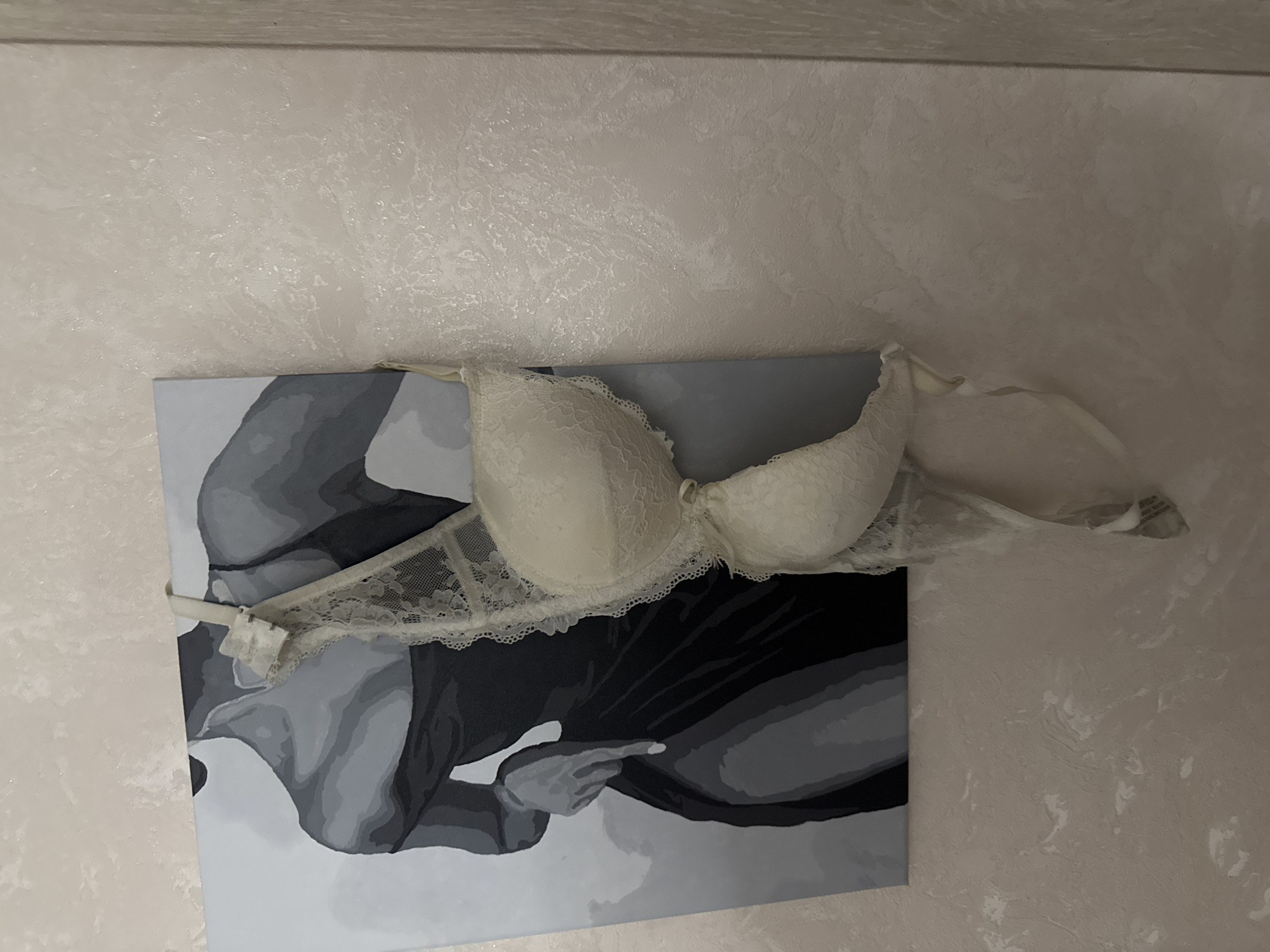 A white lace bra is hanging from a nail on a canvas artwork depicting a grayscale image of a woman's upper body. The artwork is hung on a textured, pale pink wall. To the right of the artwork and wall is a vertical wooden door frame. The scene appears to be indoors.