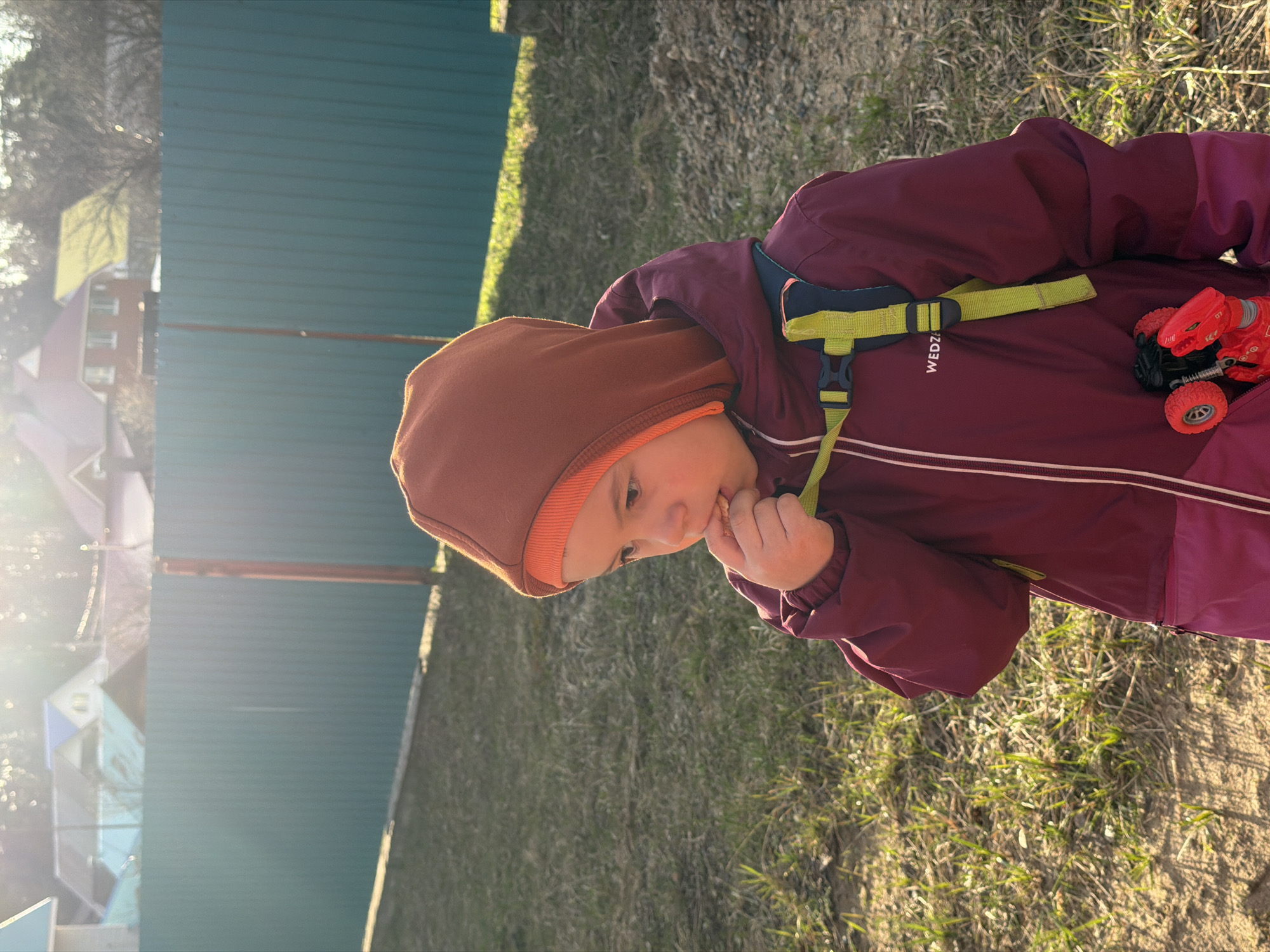 A young child is depicted outdoors in Chaikovsky, Russia, in what appears to be a late afternoon or early morning setting due to the warm, low sunlight and lens flare on the left. The child, likely a toddler, is dressed in warm outdoor attire, including a brown hooded top with an orange lining and a dark red or maroon jacket or snowsuit. A light green strap, possibly part of a harness or backpack, crosses their right shoulder, with the brand name "WEDZE" visible in white text. Attached to their back is a small, red toy car with large wheels.
The child is seen holding something small in their right hand, bringing it towards their mouth, suggesting they are eating a snack. They stand on ground covered with sparse green grass and patches of dirt or sand. In the background, a dark teal or green slatted fence stretches across the scene. Beyond the fence, on the left, distant trees and indistinct buildings, possibly houses, are visible. The overall scene suggests a calm moment in a residential or semi-rural outdoor area.