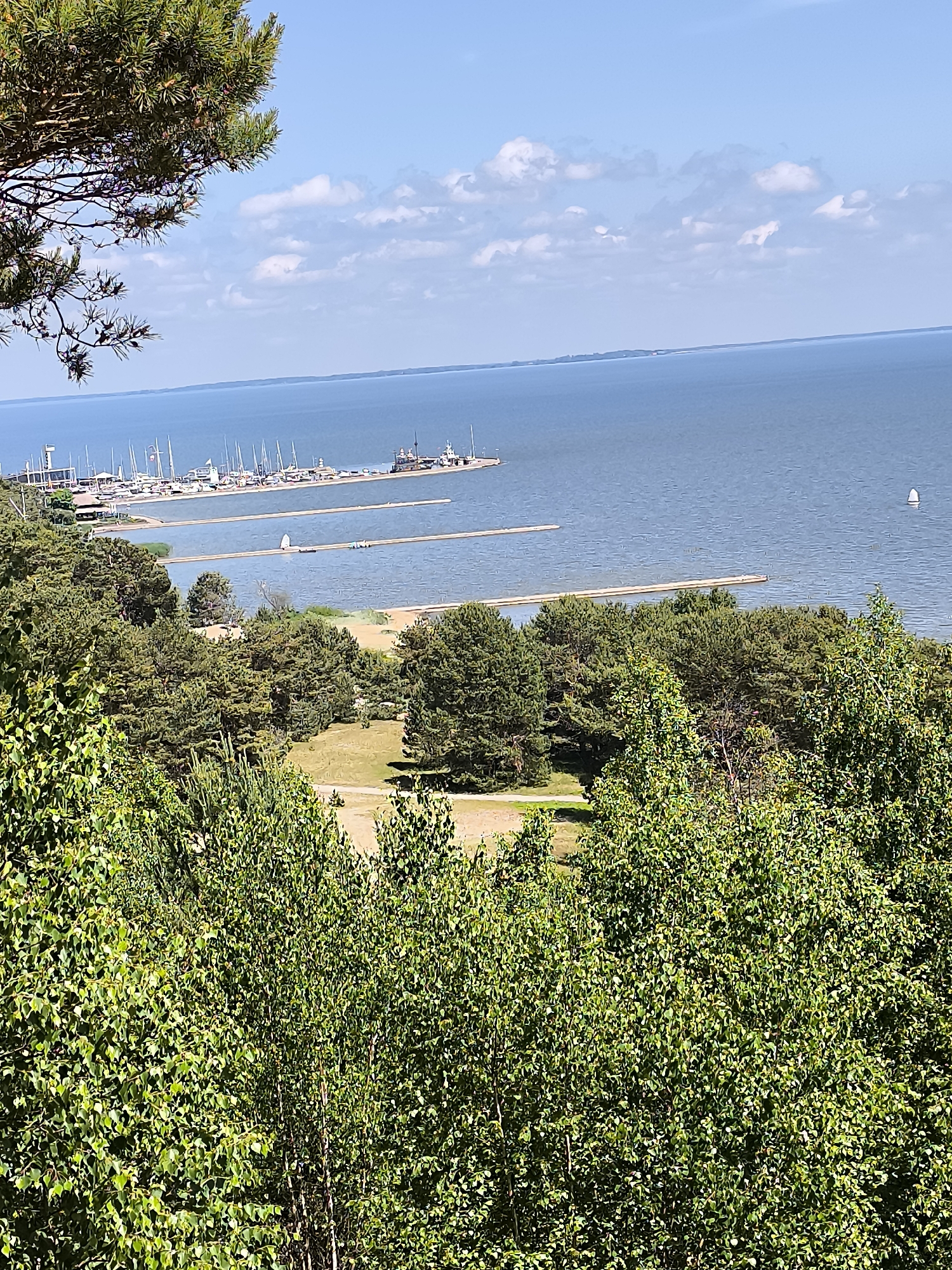 This image, taken in Neringa, Lithuania, provides a high-angle view of a coastal landscape under a bright, cloudy sky. In the foreground, lush green trees dominate the frame, with their leaves creating a dense canopy.
Beyond the trees, the scene opens up to a body of water, likely the Curonian Lagoon, dotted with several piers extending into the water. Along one of these piers, a cluster of sailboats are moored, their masts creating a delicate silhouette against the blue expanse. Further out, a few more distant boats and a small white buoy are visible.
The shoreline is characterized by a sandy beach adjacent to the water, with more trees forming a natural border. In the distance, the horizon is a clear line where the water meets the sky, with a faint outline of land visible on the far side. The overall impression is one of a peaceful, sunlit day at a picturesque coastal town.