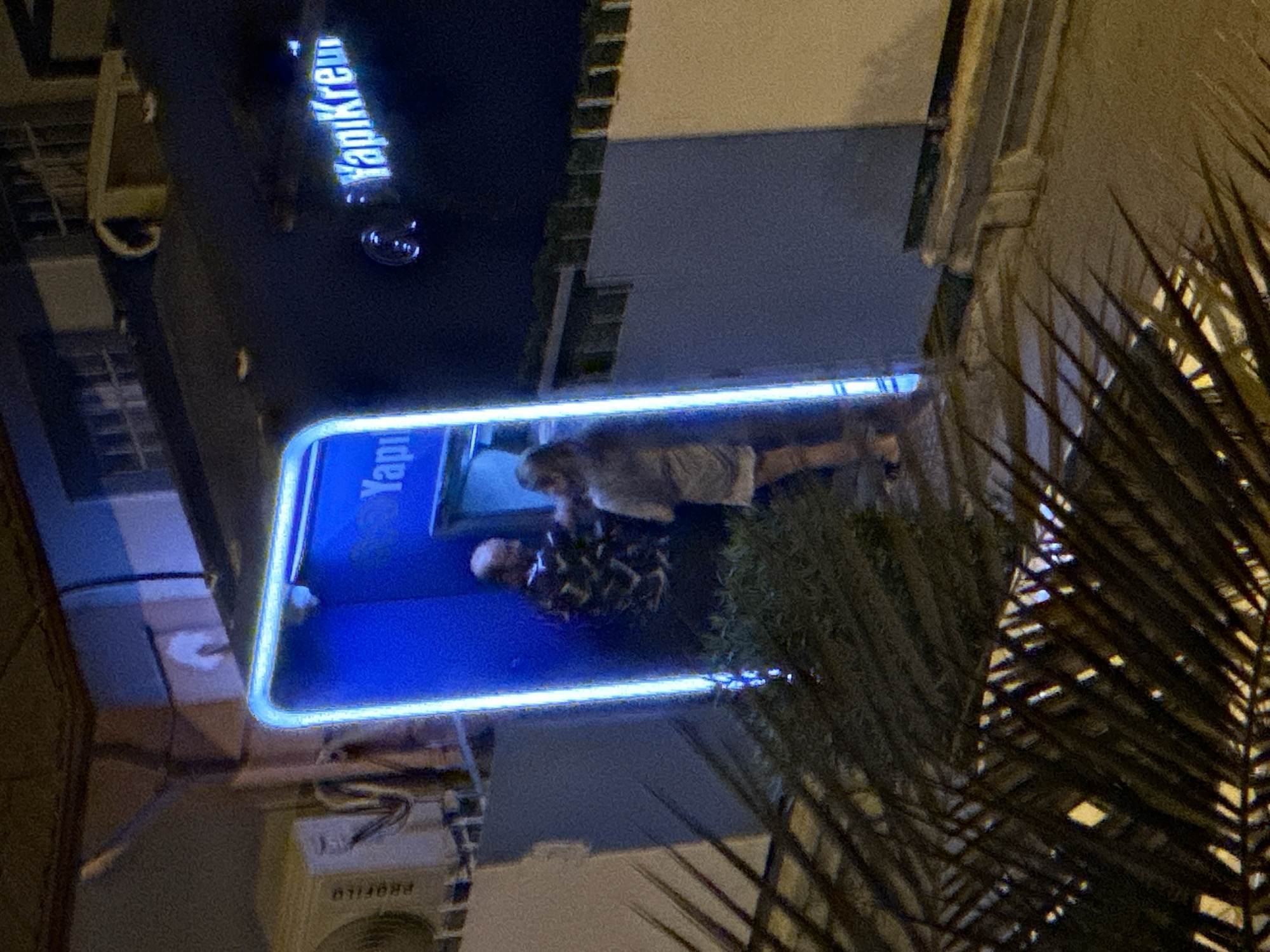 The image shows a nighttime scene on a street in Fethiye, Turkey. Two people, a man and a woman, are standing near the entrance of a building. The entrance is illuminated by a bright blue neon light that outlines a rectangular frame. The man, wearing a patterned shirt, is facing the woman. The woman, wearing a light-colored top and skirt, is facing the man. Behind them, a sign with the text "YapıKredi" is illuminated with white neon lights, suggesting it is a bank or financial institution. To the left of the entrance, an outdoor air conditioning unit is visible, with the word "PROFİLO" printed on it. In the foreground, the fronds of a palm tree are casting shadows across the ground, which appears to be paved. The overall ambiance is urban and illuminated by artificial light.