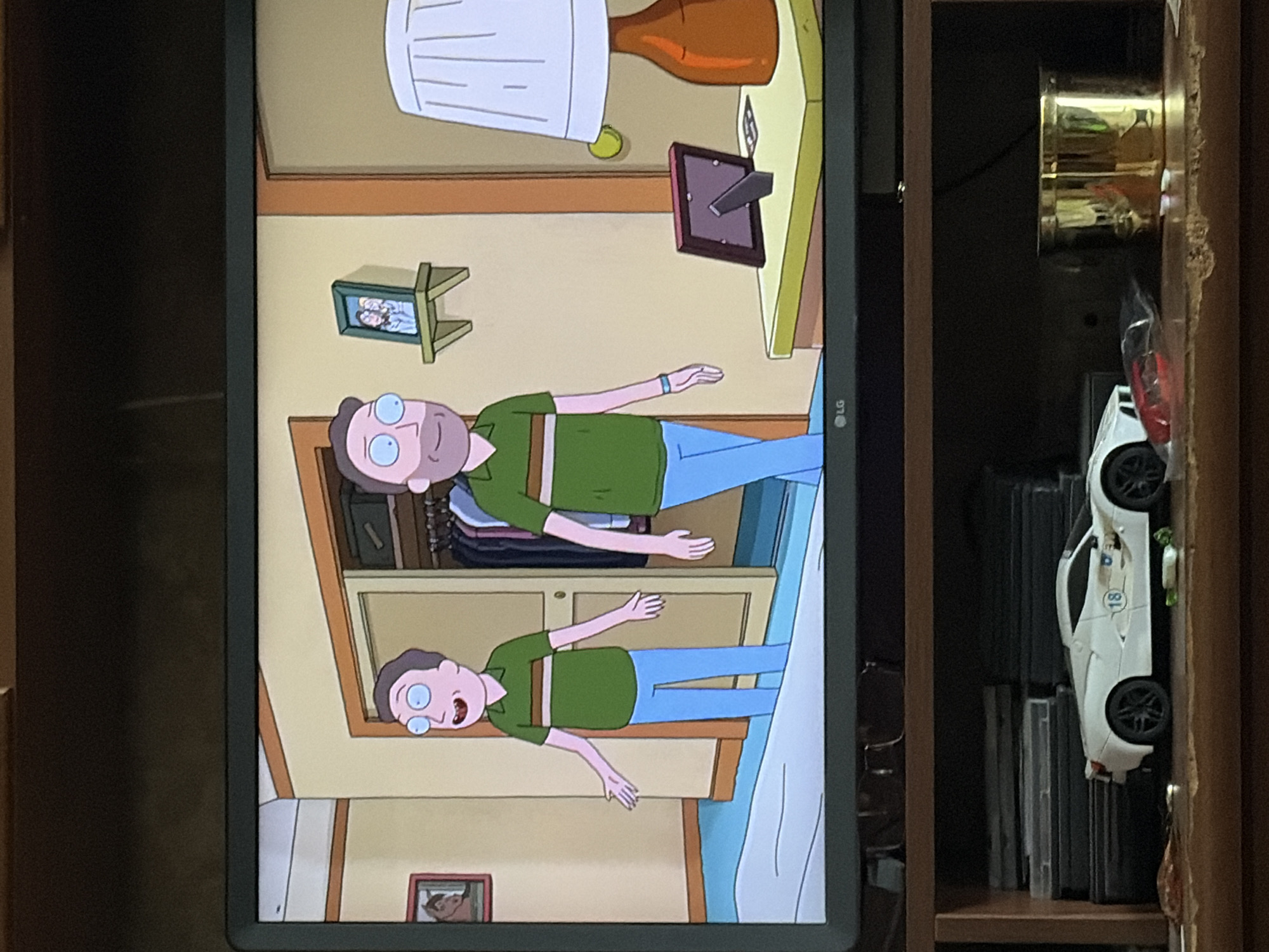 The image displays a television screen showing a scene from the animated show "Rick and Morty." Two characters, appearing identical except for subtle age differences and facial hair, are standing in what appears to be a home interior. The character on the left is younger and smoother-faced, while the character on the right has a beard and appears slightly older. Both are wearing green polo shirts with horizontal brown and white stripes and blue pants.
The background on the screen includes a doorway leading to a closet with clothes hanging inside, a wall with a framed picture of a horse, and a small shelf with a framed family photo. To the right, a table holds a lamp with an orange base and a white lampshade, and a framed picture facing away from the viewer. The television itself is positioned above a wooden shelf unit containing several stacked DVD cases and a white toy sports car. A golden container is also visible on the shelf. The overall environment suggests a domestic setting, possibly in a suburban or residential area. The specific city and location are not determinable from the provided image.