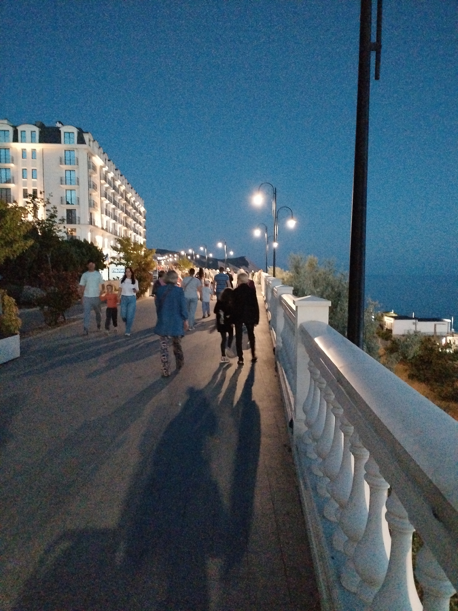 This image depicts a promenade at dusk in Vinogradny, Russia. A group of people are walking along a paved path next to a white balustrade. To the left, a large, illuminated hotel building with dormer windows stands against a dark blue sky. Streetlights are visible along the promenade, casting shadows of the people on the ground. The sea is visible in the distance.