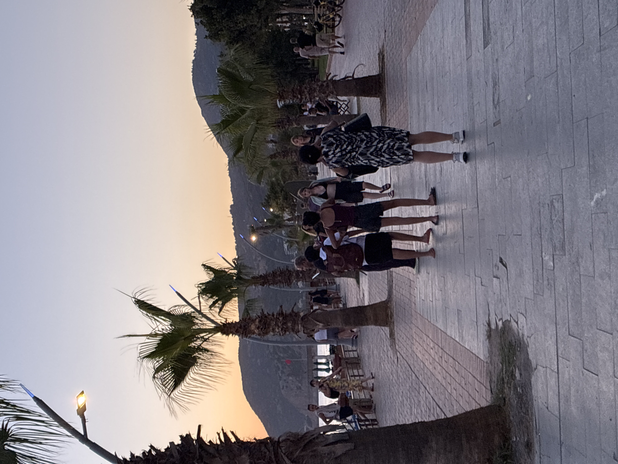 The image depicts a scene on a pedestrian promenade in Alanya, Turkey, near sunset. The promenade is paved with large gray tiles and bordered by a reddish brick pattern. Several palm trees line the promenade, their fronds casting shadows. In the background, a calm sea is visible, with a distant shore and hilly terrain under a soft, gradient sky of orange, pink, and blue. A red flag is planted on a post near the water.
On the promenade, numerous people are walking and interacting. In the foreground, a woman in a black and white patterned dress and sneakers is facing away from the camera. To her left, a group of four people, two women and two men, are walking together. One woman wears a black bikini top and shorts, another a patterned dress. Two men are in casual attire. Further along the promenade, other individuals and groups can be seen, including a man in a white t-shirt and shorts, a woman in a yellow dress, and several people sitting on benches. Streetlights are visible, some illuminated with a yellow glow, and two bicycles are parked on the right side of the image. The overall atmosphere suggests a leisurely evening stroll.