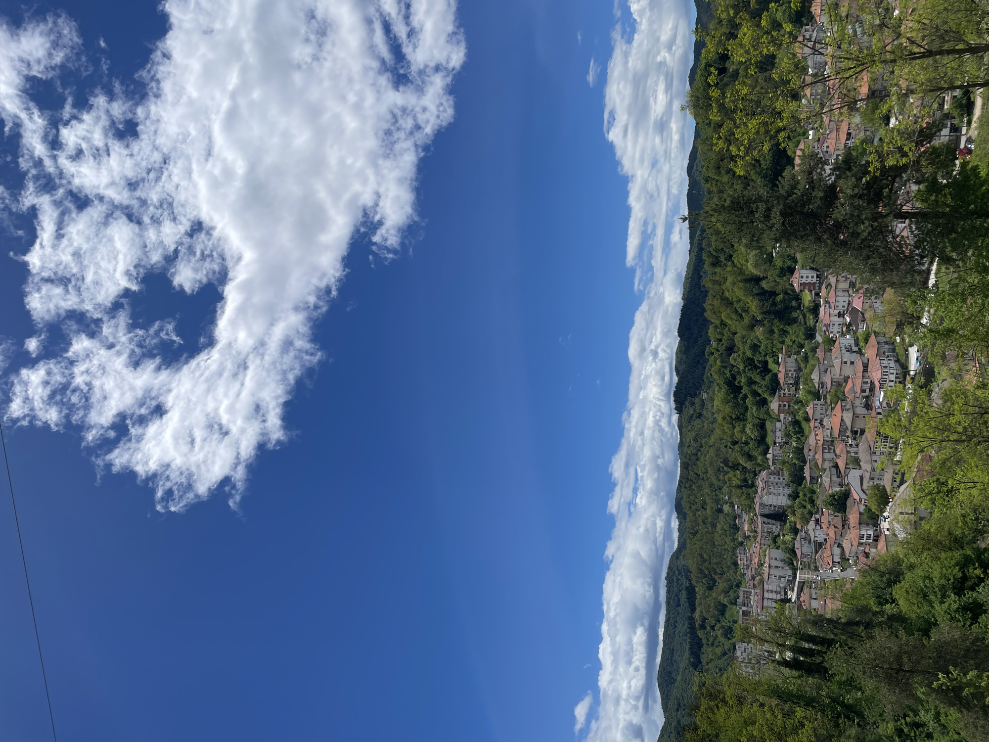 The image shows a view of Zlatograd, Bulgaria. The sky is mostly blue with some scattered white clouds. On the right side of the image, a hillside is covered with trees and buildings. The buildings have red tile roofs. Green trees are in the foreground. The image is rotated.
