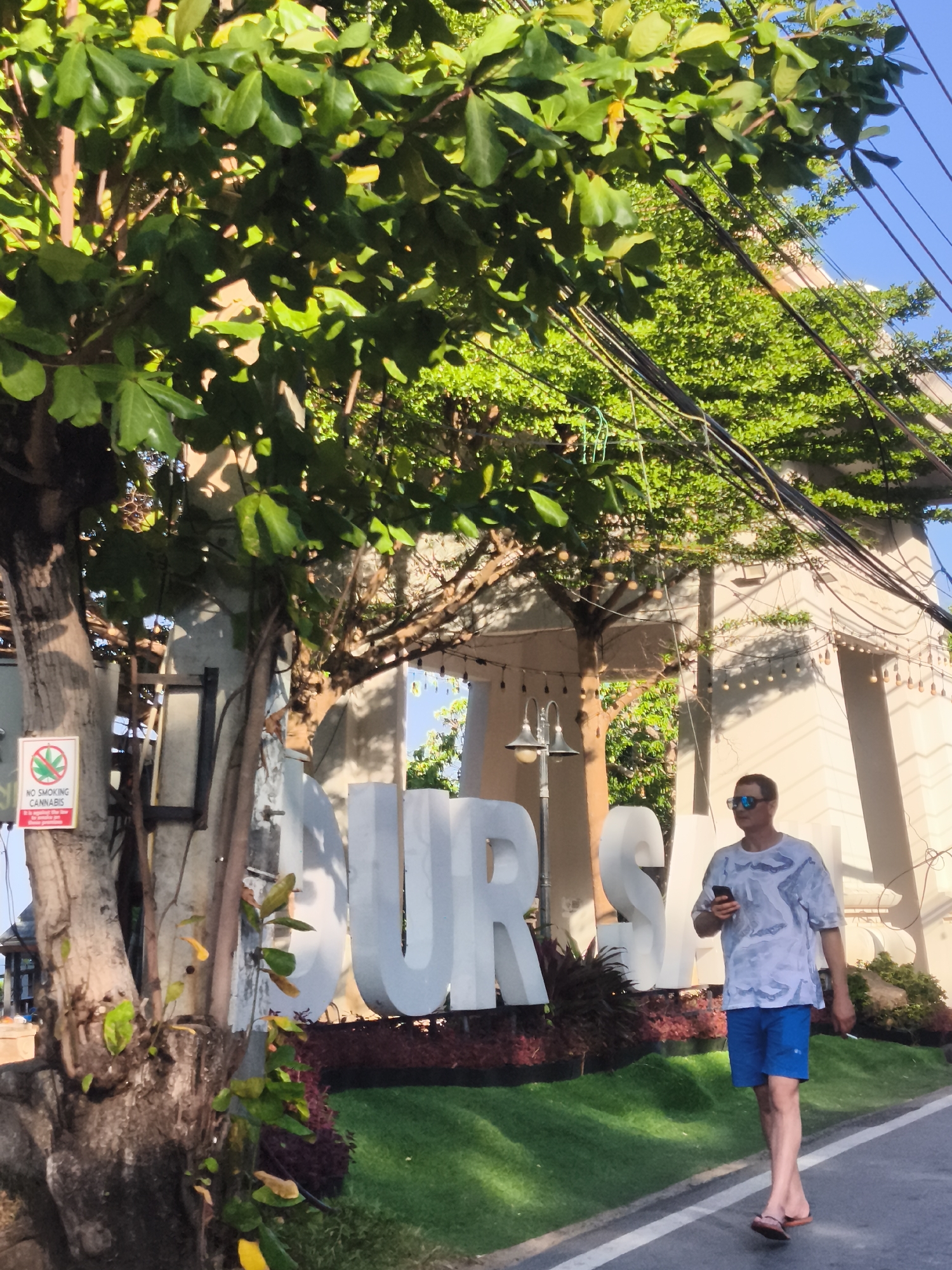 A man walks on a paved road in front of a large sign with white, three-dimensional letters. The sign appears to spell out "OURS". The man is wearing sunglasses, a light-colored t-shirt with a camouflage pattern, blue shorts, and flip-flops. He is holding a smartphone in his right hand and appears to be looking at it. To the left of the sign is a tree with lush green leaves and a sign that reads "NO SMOKING CANNABIS" with a crossed-out cannabis leaf symbol. In the background, there is a building with architectural details and electrical wires overhead. The scene suggests a tropical environment, consistent with Ko Samui District, Thailand, characterized by bright sunlight, abundant greenery, and a relaxed atmosphere.
