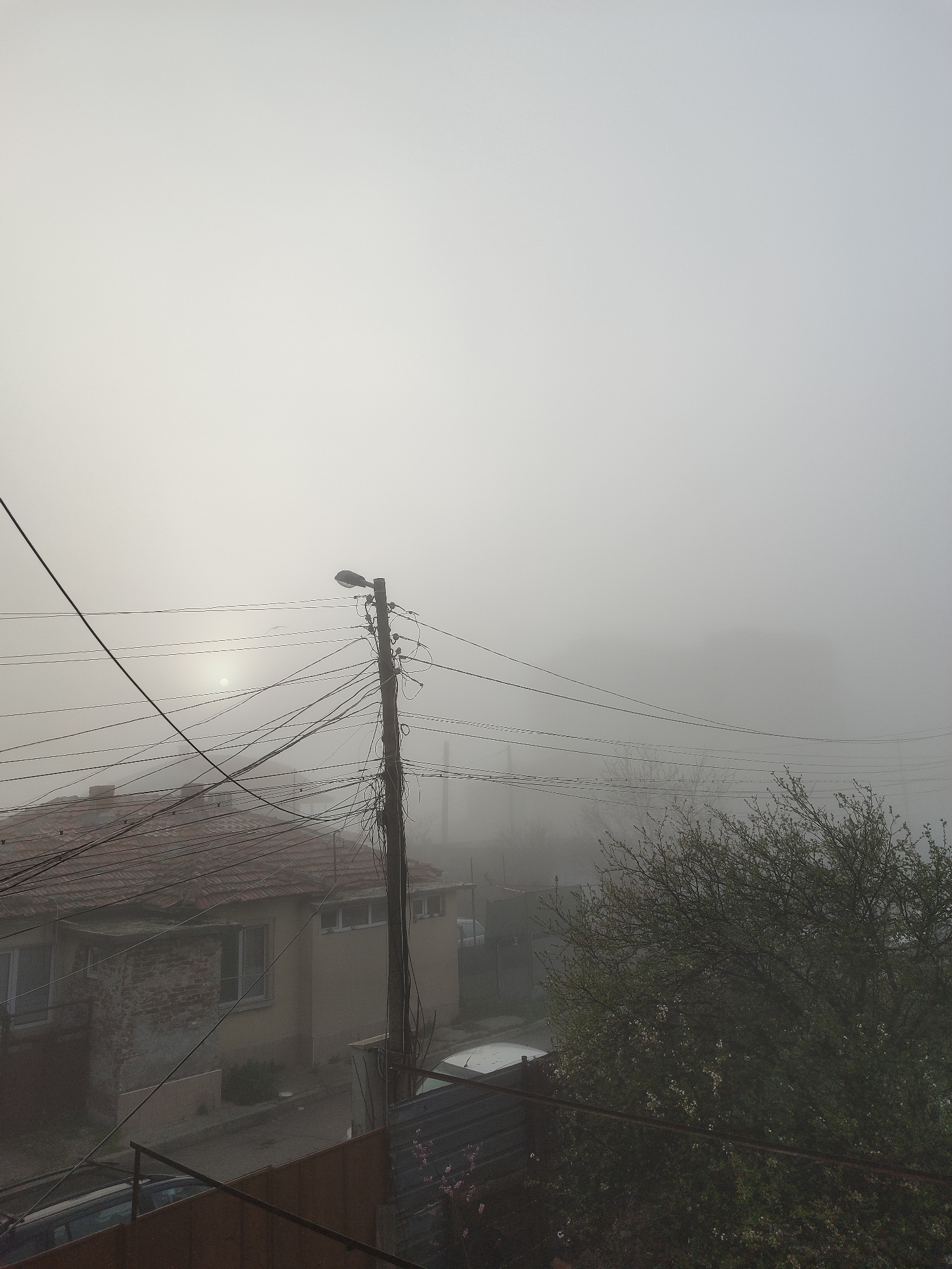 The image shows a foggy street scene in Burgas, Bulgaria. A utility pole with numerous wires stands prominently in the center. To the left, a house with a tiled roof and light-colored walls is visible. A tree with budding leaves stands to the right. Cars are parked along the street, and a fence runs along the bottom of the frame. The fog obscures details in the distance, creating a muted and hazy atmosphere.