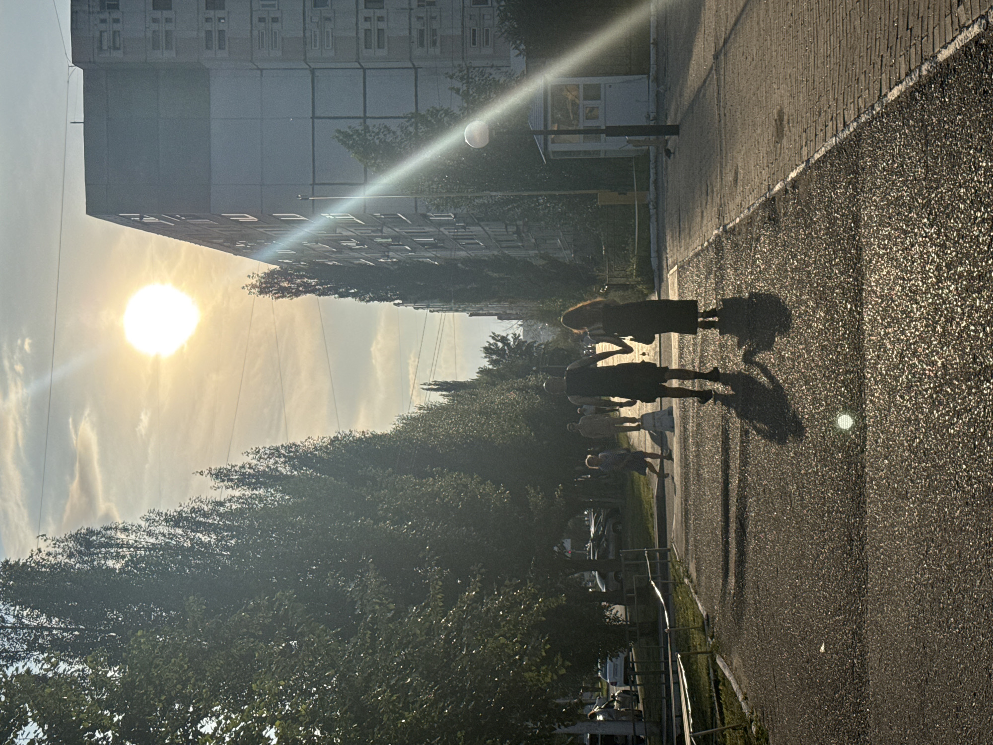 The image depicts a street scene in the city of Ufa, Russia, during sunset. The sun, low in the sky, casts a bright glow and long shadows across a paved walkway. On the right side of the walkway is a tall, multi-story apartment building with a facade of grey concrete panels and numerous windows. To the left of the walkway, a row of tall, slender trees with dense green foliage lines the street.
In the foreground, a couple is walking away from the camera, holding hands. The individual on the left appears to be a male wearing a dark tank top and shorts, while the person on the right is a female in a dark dress. Further down the walkway, other pedestrians are visible, including a woman in a light-colored dress and what appears to be a child running. In the background, cars are parked along the street, and the sky is partly cloudy with the sun's rays creating a lens flare effect. A lamppost with a globe-shaped light fixture stands near the apartment building. The overall impression is of a quiet evening stroll in an urban environment.