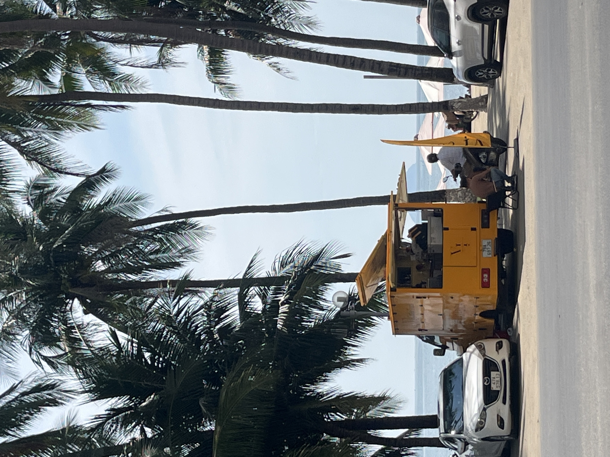 This image depicts a scene in Bac Nha Trang Ward, Vietnam, with a focus on a vibrant yellow food truck parked on a paved area adjacent to a street. The food truck is open, with what appears to be food preparation or service activities happening inside, indicated by people visible behind the counter. In front of the food truck, a person is seated on a black folding chair, facing away from the viewer and towards the food truck. To the right of the food truck, a person is seated on a motorbike, also facing away from the viewer. A white SUV is parked to the far right of the scene. A white sedan is parked to the left of the food truck.
The environment is characteristic of a coastal area, with numerous palm trees lining the background, their fronds casting shadows. Beyond the palm trees, a body of water, presumably the ocean, is visible under a clear, bright sky. Beach umbrellas are set up further in the background, suggesting a public beach area. The road in the foreground is asphalt. The overall impression is a sunny day in a popular outdoor location, likely a tourist or recreational spot.