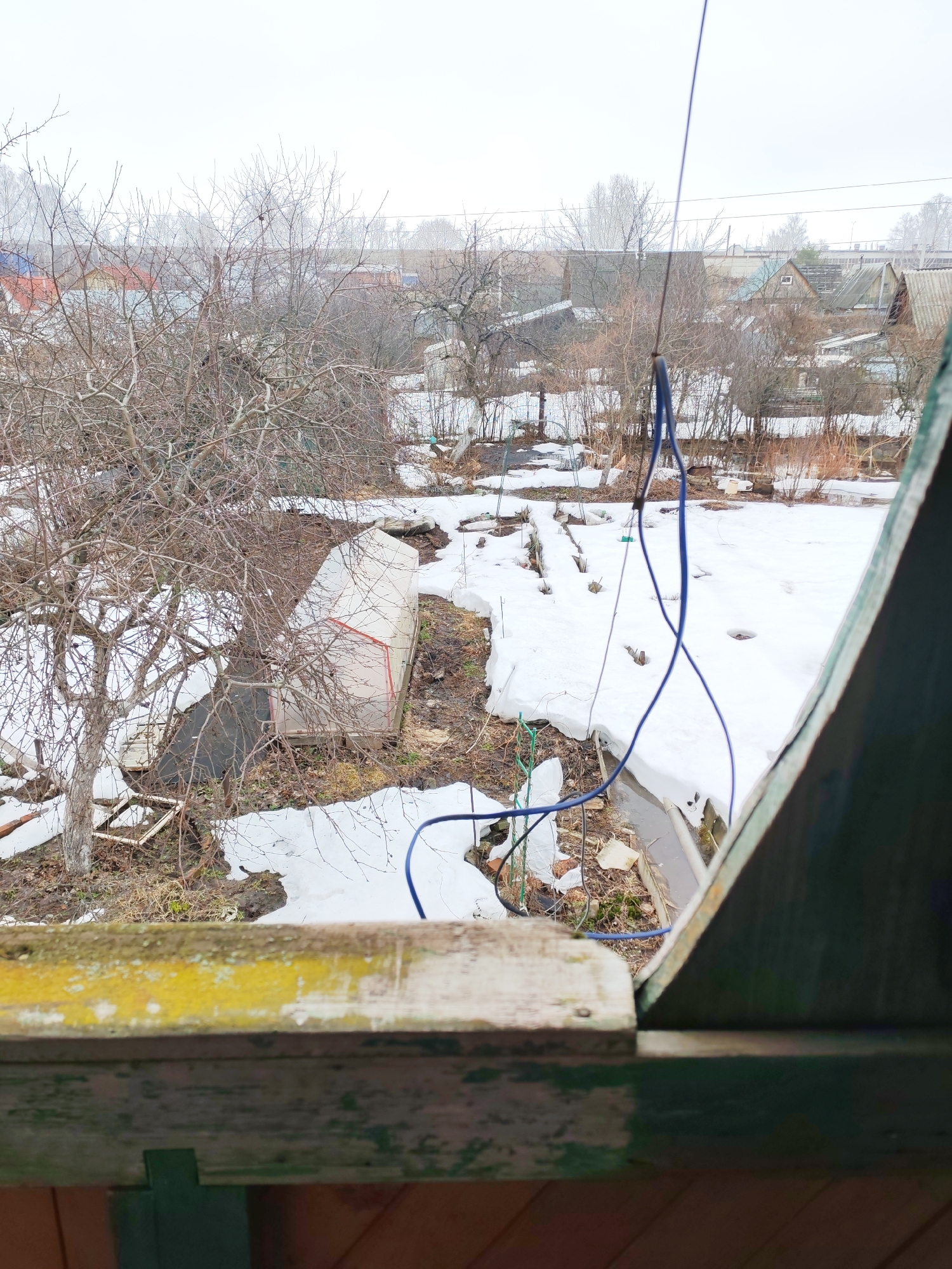 The image depicts a view of a residential area in Chaikovsky, Russia, in early spring or late winter. The scene is observed from an elevated position, possibly a window or upper floor of a building. The foreground includes a section of weathered wooden structure with peeling yellow paint.
The mid-ground features a garden or yard with patches of melting snow. A bare fruit tree is visible on the left, and a small greenhouse with a partially collapsed roof is in the center. A blue electrical wire hangs loosely in the foreground.
The background shows a residential area with houses of varying sizes and designs, typical of a suburban or rural setting. Bare trees and bushes are scattered throughout. The sky is overcast, suggesting a dull and possibly cold day.