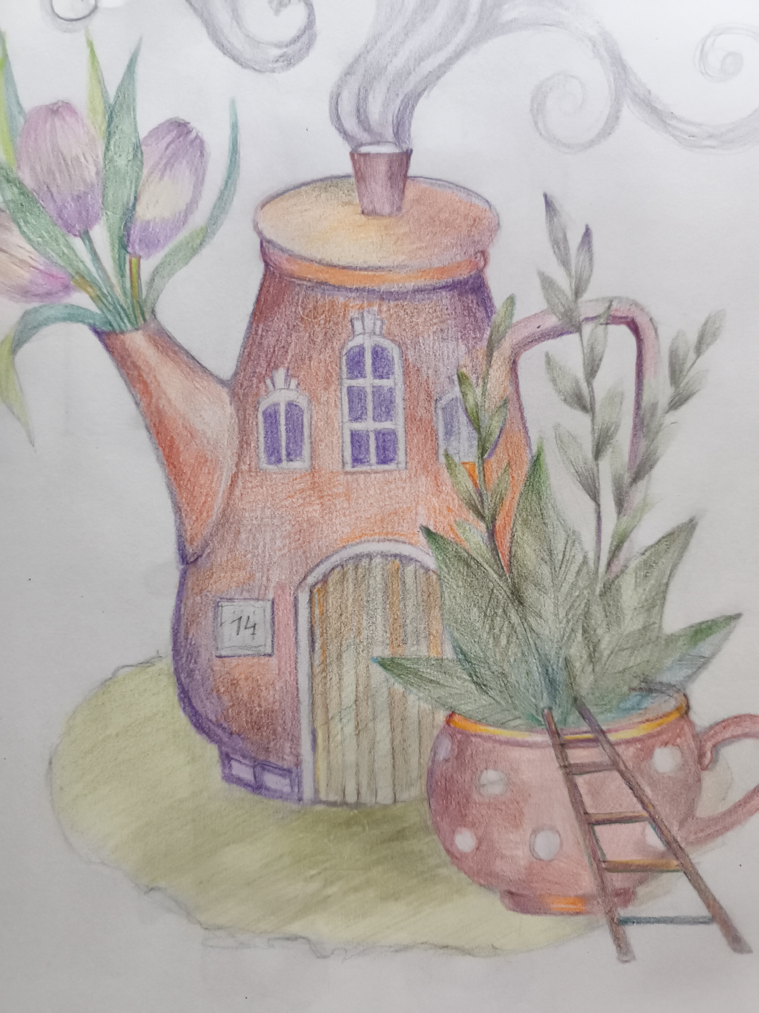 The image depicts a whimsical, hand-drawn illustration created with colored pencils. The central subject is a large teapot shaped like a house, painted in shades of reddish-brown with purple and orange accents. It features a chimney emitting gray smoke, small purple-windowed openings, and a wooden door with vertical planks. The teapot-house stands on a pale green circular base. To the left, a bouquet of purple tulips with green stems emerges from the spout of the teapot. To the right, a pink teacup with white polka dots contains green foliage and is propped up by a small wooden ladder. A small plaque with the number "14" is visible on the side of the teapot-house. The background is a plain white surface, with subtle gray scribbles suggesting swirling clouds or whimsical patterns. There are no people or specific landmarks indicative of Saint-Denis, France.