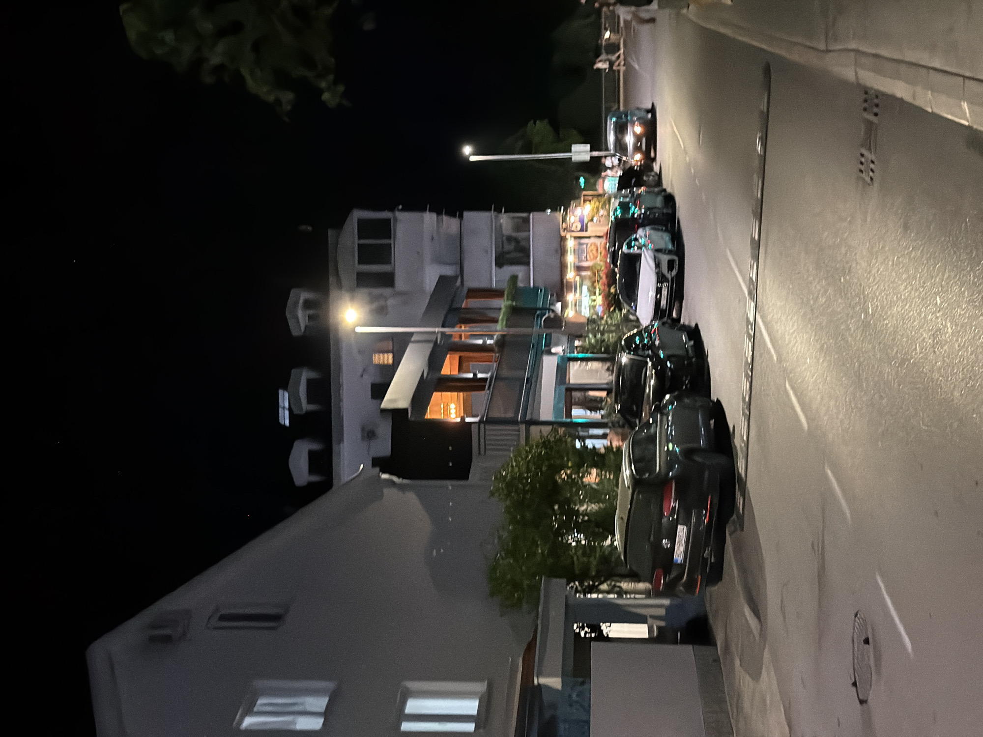 In Budva, Montenegro, at night, a dark station wagon is parked on the right side of a paved road. The car, facing left, has its rear bumper and license plate visible. The license plate reads "BO MNE 004". A speed bump is present across the road in front of the vehicle. Further down the road, other vehicles are parked, and people are walking on the sidewalk. Buildings line the left side of the street, illuminated by streetlights and interior lights. A tree with green foliage is visible on the right side of the image. The sky is dark, with a few faint stars.