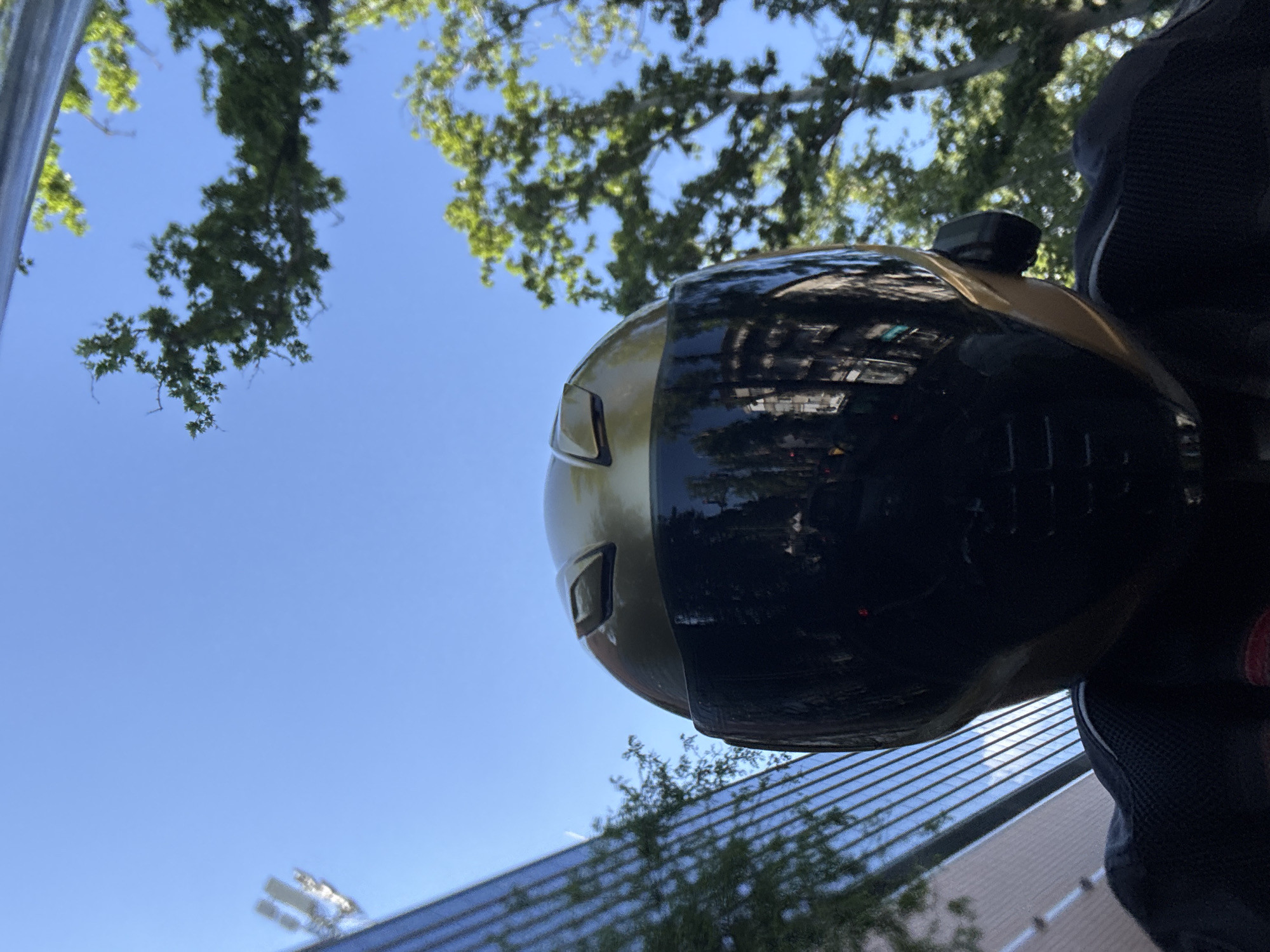 The image, taken from a low angle, features a half-black and half-gold motorcycle helmet in the foreground. Reflections of buildings are visible on the black portion of the helmet. Above the helmet, there are green tree branches against a bright blue sky. A building with horizontal lines and windows is visible in the lower part of the frame. The image does not provide enough information to specifically determine the location within Plovdiv, Bulgaria.