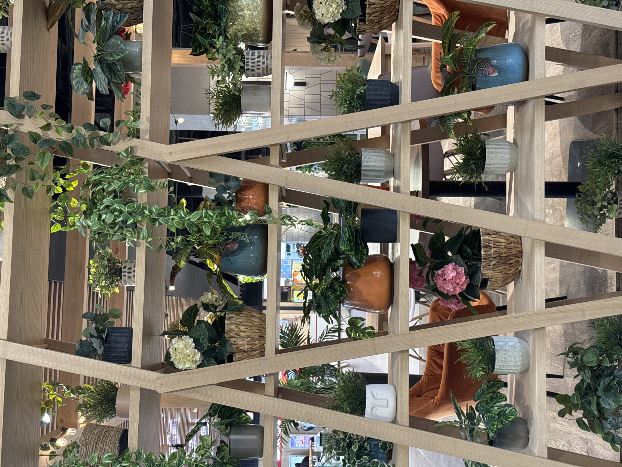 This image depicts a modern indoor commercial space, likely a cafe, restaurant, or lounge, in Izhevsk, Russia. The central feature is a large, light-colored wooden trellis or grid structure, which is elaborately decorated with numerous potted plants.
The trellis creates a decorative partition or ceiling element, housing a variety of plants in different types of pots. These pots include ceramic ones in shades of blue, orange, and grey, as well as textured concrete pots and natural woven wicker baskets. The plants themselves are diverse, featuring trailing vines, broad-leafed plants, spiky green foliage, and flowering specimens such as pink and white hydrangeas, and small red blooms. A unique white ceramic object, possibly a vase or sculpture with an abstract face design, is also visible within the structure.
Beyond and through the wooden grid, elements of the background interior are visible, including comfortable-looking orange upholstered chairs or booths, grey seating, and modern light fixtures. Reflections on polished surfaces suggest a well-lit space with patterned wall coverings. The overall atmosphere conveyed is bright, contemporary, and inviting, integrating natural elements into a stylish design. No people are distinctly visible, and no specific activity is taking place. There is no visible text in the image.