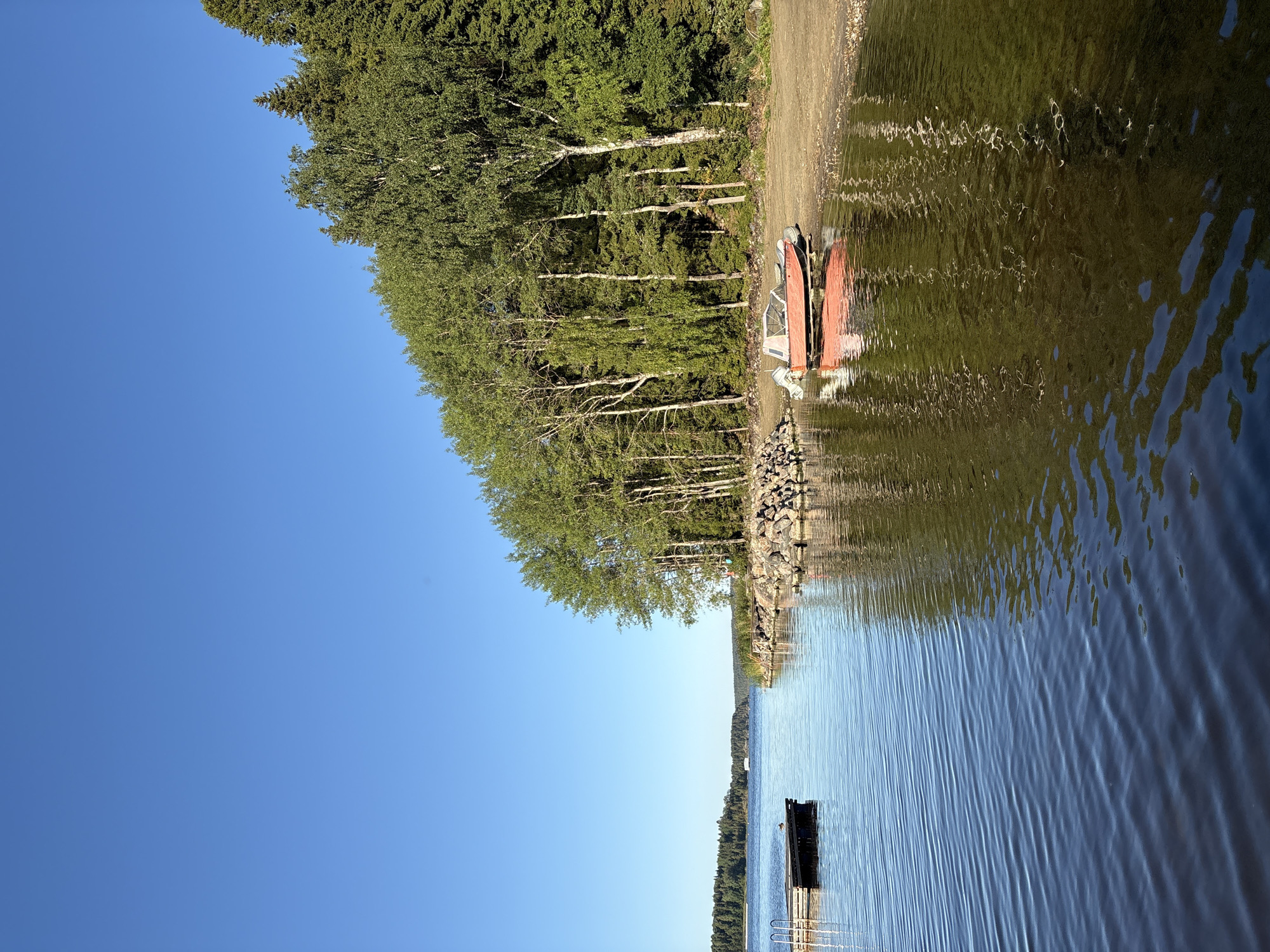 A serene, bright, daytime, eye-level, medium shot captures a tranquil lake scene. The water's surface is rippled, reflecting the clear, bright blue sky and the lush green trees that line the shore. A small, red motorboat is beached on the sandy bank, its reflection shimmering on the water. In the distance, across the lake, a dense forest stretches along the horizon. To the left, a wooden dock extends into the water, with a single duck resting on it. The overall atmosphere is one of peaceful, natural beauty.