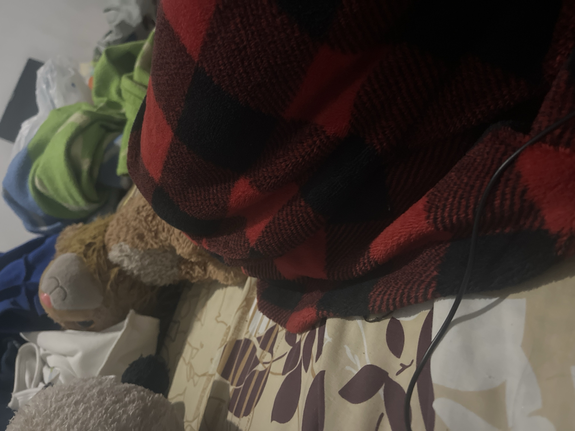The image displays a close-up view of a bed, covered with a tan sheet featuring a purple floral pattern. A red and black plaid blanket is draped over the bed, obscuring much of the scene. To the left of the blanket, a portion of a stuffed animal, appearing to be a tan bear with a pink nose, is visible among a pile of folded clothes. The overall setting suggests a domestic environment, likely a bedroom. The specific location of Santa Ana, Venezuela, cannot be determined from the visual information provided in the image.