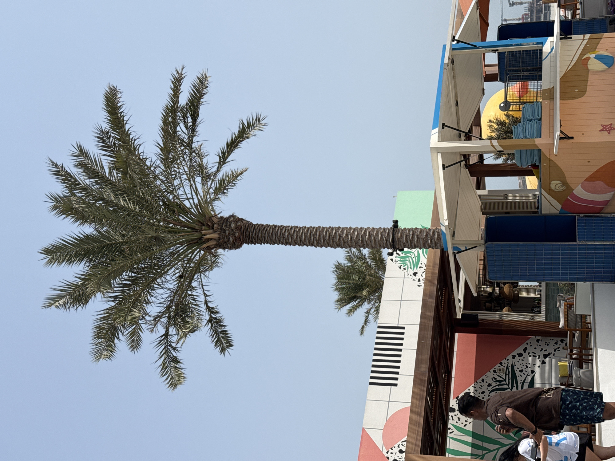 In the city of Unknown, United Arab Emirates, a palm tree stands tall against a clear blue sky. Below, a vibrant beachside establishment is depicted. The structure features a colorful mural on its side, adorned with patterns of seashells, starfish, and beach balls. There are stacks of blue towels placed on a counter. In the foreground, a man and a woman are standing, facing away from the camera. The man is wearing a brown t-shirt and patterned shorts, and the woman is wearing a white t-shirt and black shorts. Behind them, a wooden-roofed structure with an open-air seating area is visible. The scene suggests a lively and relaxing atmosphere, possibly a resort or a beach club.