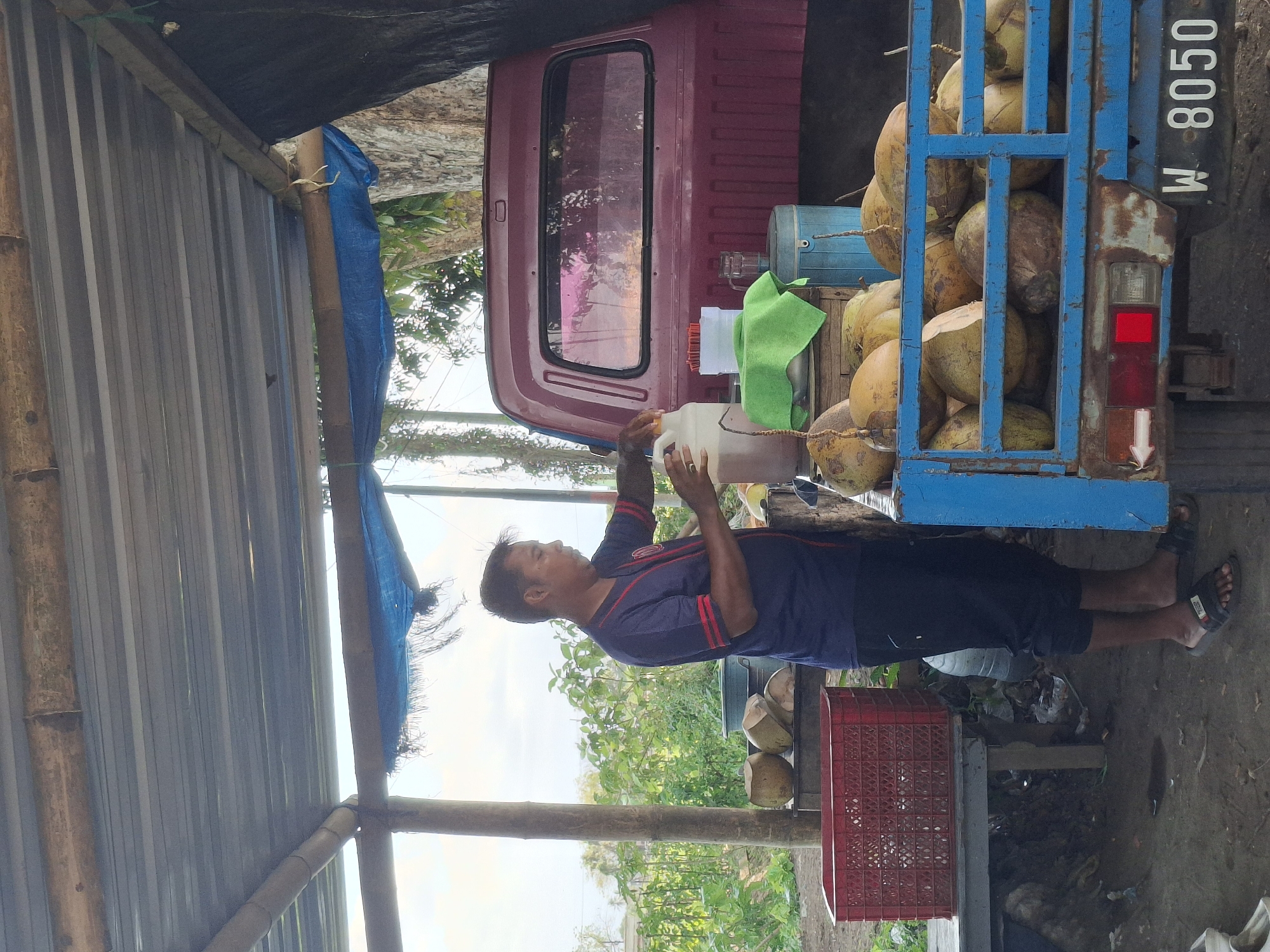 A man stands at a roadside stand selling coconuts, in Jogotrunan, Indonesia. The stand is covered by a corrugated metal roof supported by bamboo poles. A maroon pick-up truck is parked behind the stand, its bed filled with coconuts. A red plastic crate sits on a wooden bench to the left of the man, and more coconuts are visible on the bench behind him. The man is wearing a dark blue t-shirt with red stripes on the sleeves and black pants. He is holding a clear plastic jug, appearing to be preparing a drink. The ground is dirt, and foliage is visible in the background. The license plate on the truck reads "W 8050".