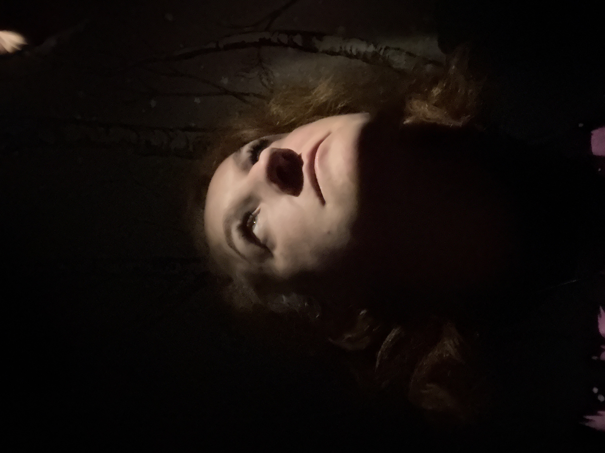 A low-angle, close-up image shows a person's face in partial illumination against a dark background. The subject appears to be lying down or tilted back. Features visible include the nose, mouth, an eye, and partial view of the forehead. The person has brown hair. Background elements suggest a possible indoor or outdoor setting with dark, obscured details, a branch is visible. The context of the city of Chaikovsky, Russia, cannot be determined from the image alone.