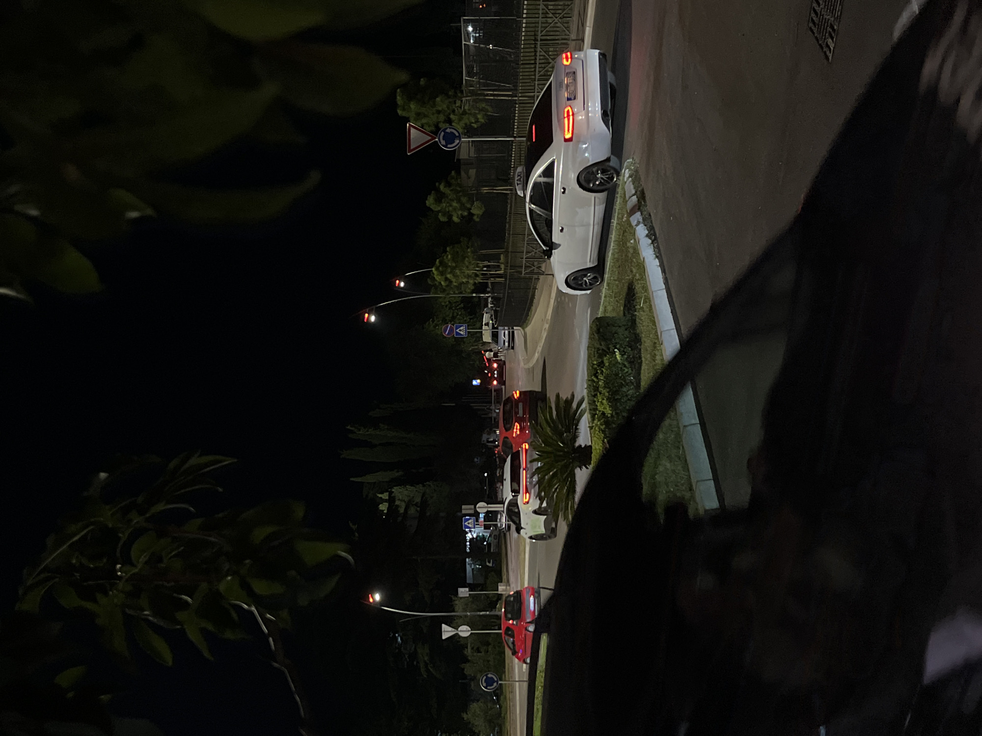 The image depicts a nighttime scene on a road in Budva, Montenegro. A white Audi sedan with "TAXI" signage on its roof is driving on the right side of the road. In the foreground, the dark interior of another vehicle is visible, with a person's silhouette reflected in the window. Other cars, including a red hatchback and a white sedan, are also on the road. Traffic lights are visible, and streetlights illuminate the area. Trees and foliage line the road, and a metal fence is present in the background. The road appears to be a multi-lane intersection or roundabout.