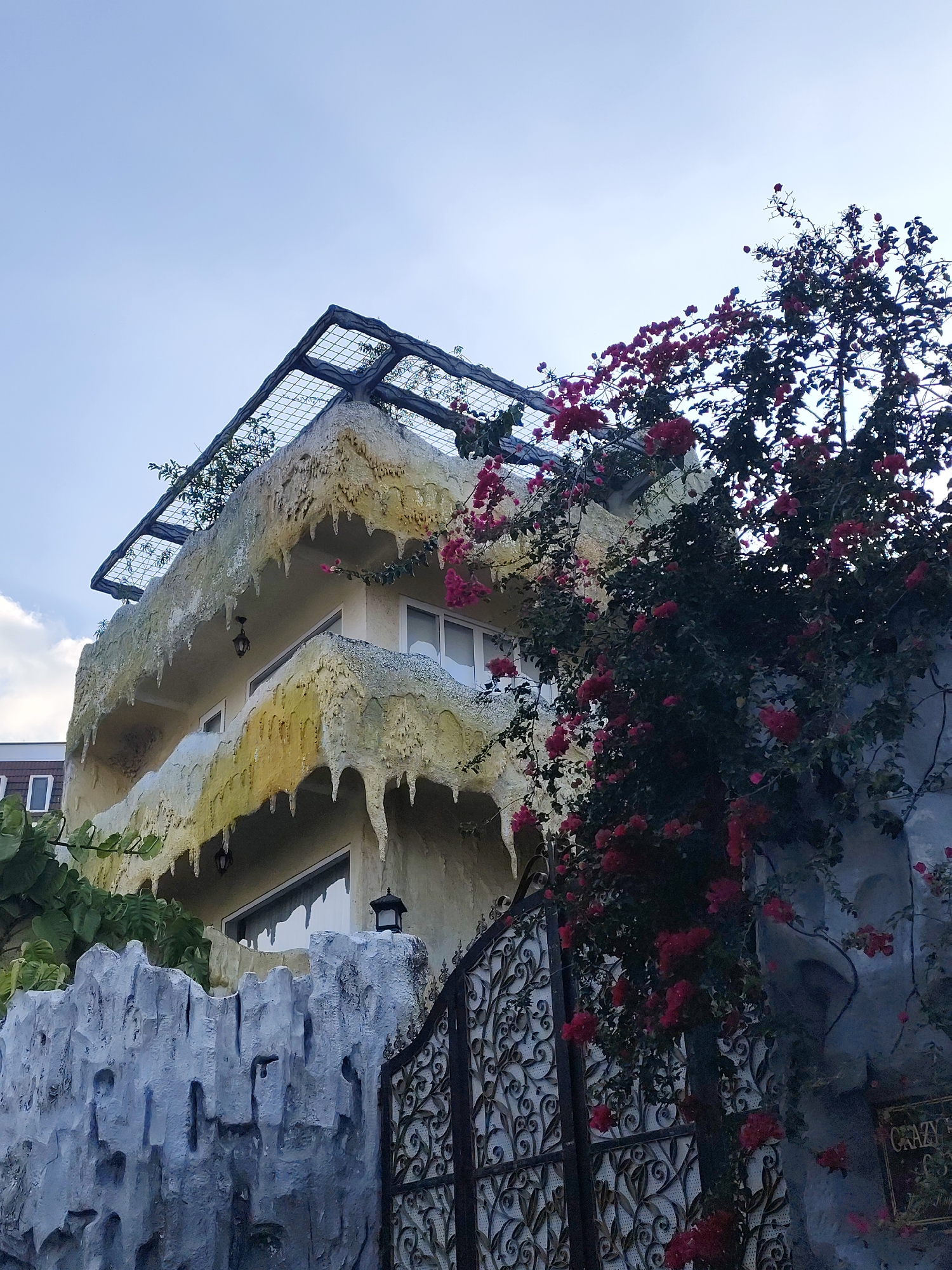 The image depicts the Crazy House in Da Lat, Vietnam, viewed from a low angle. The building features unconventional architecture with a facade designed to resemble a tree trunk or cave. It has multiple levels with windows and decorative elements such as artificial stalactites. A metal lattice structure covers the roof. A high wall, also designed to mimic natural rock formations, surrounds the property. Red bougainvillea vines climb the wall and partially obscure the gate, which has an ornate, wrought-iron design. The sky is visible in the background.