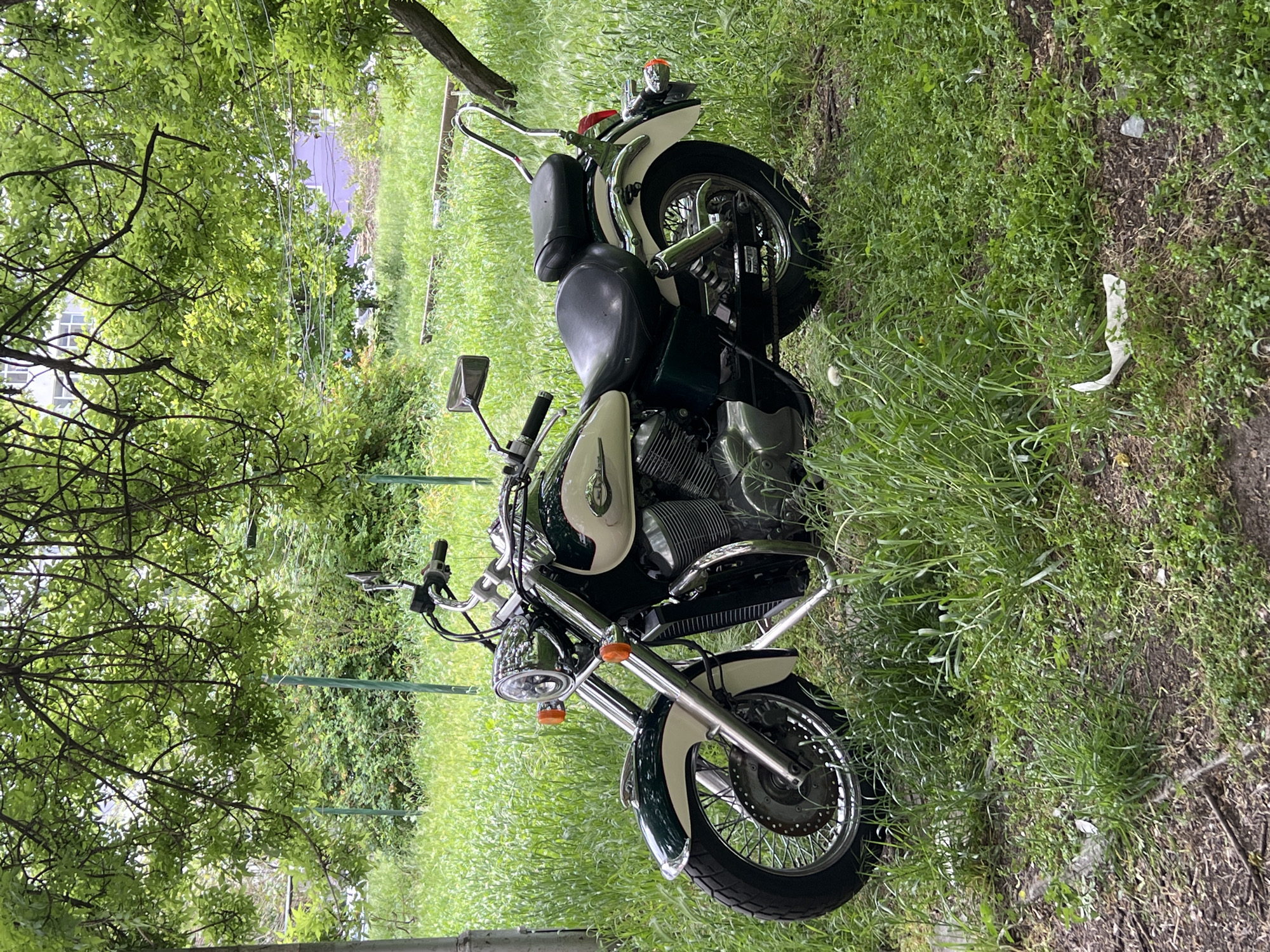 The image shows a green and white motorcycle parked in an overgrown grassy area, possibly a yard or field. The motorcycle is the primary subject, with its front wheel facing the bottom of the image and the back wheel partially obscured by tall grass. The surrounding environment consists of lush greenery, including grass and trees, creating a slightly unkempt, natural setting. A building can be seen in the background, partially obscured by trees. There are no people visible. It's impossible to tell if this is Burgas, Bulgaria.