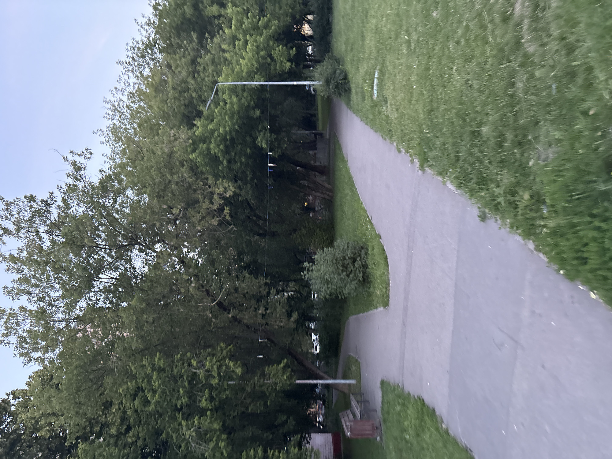 The image depicts a park pathway splitting into two directions, surrounded by trees and grass. A lamppost is visible on the right side, and a bench and trash can are on the left. In the background, there are some buildings and parked cars. The sky is a pale blue, indicating it is either early morning or late evening. The scene suggests a peaceful, urban green space. The location is identified as Moscow, Russia, by the user.