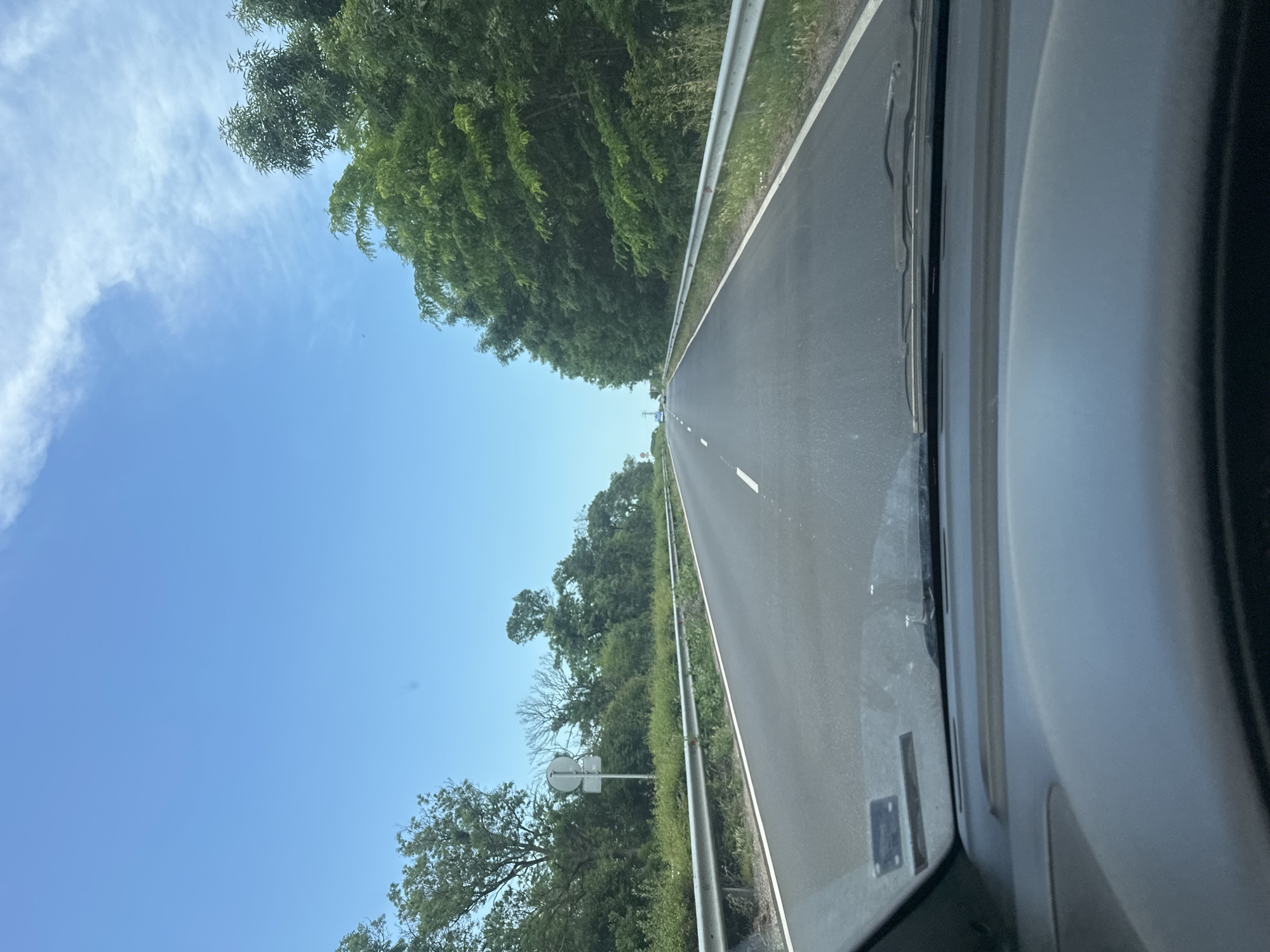 The image presents a forward-facing view from inside a moving vehicle, looking out onto a straight, paved road. The road extends into the distance under a clear, bright blue sky featuring scattered wispy white clouds. White dashed lines mark the center of the road, while a solid white line defines its right edge.
Along the right side of the road, a silver metal guardrail runs parallel to the asphalt, separating the road from a dense line of lush green trees and foliage. Similar green trees and vegetation also line the left side of the road. Further down the road on the left, a circular road sign, possibly a warning or regulatory sign, is partially visible among the trees, though its specific details are unclear.
On the right side of the frame, a portion of the vehicle's interior is visible, including a dark dashboard, part of a windshield pillar, and what appears to be the interior of a door or side panel. A windshield wiper blade is also visible near the edge of the windshield.
The scene depicts a journey on a highway or a rural road, characterized by abundant natural greenery. The bright illumination and clear sky suggest a sunny day, likely during midday or early afternoon. No legible text is identifiable on the road sign or within the vehicle's interior.