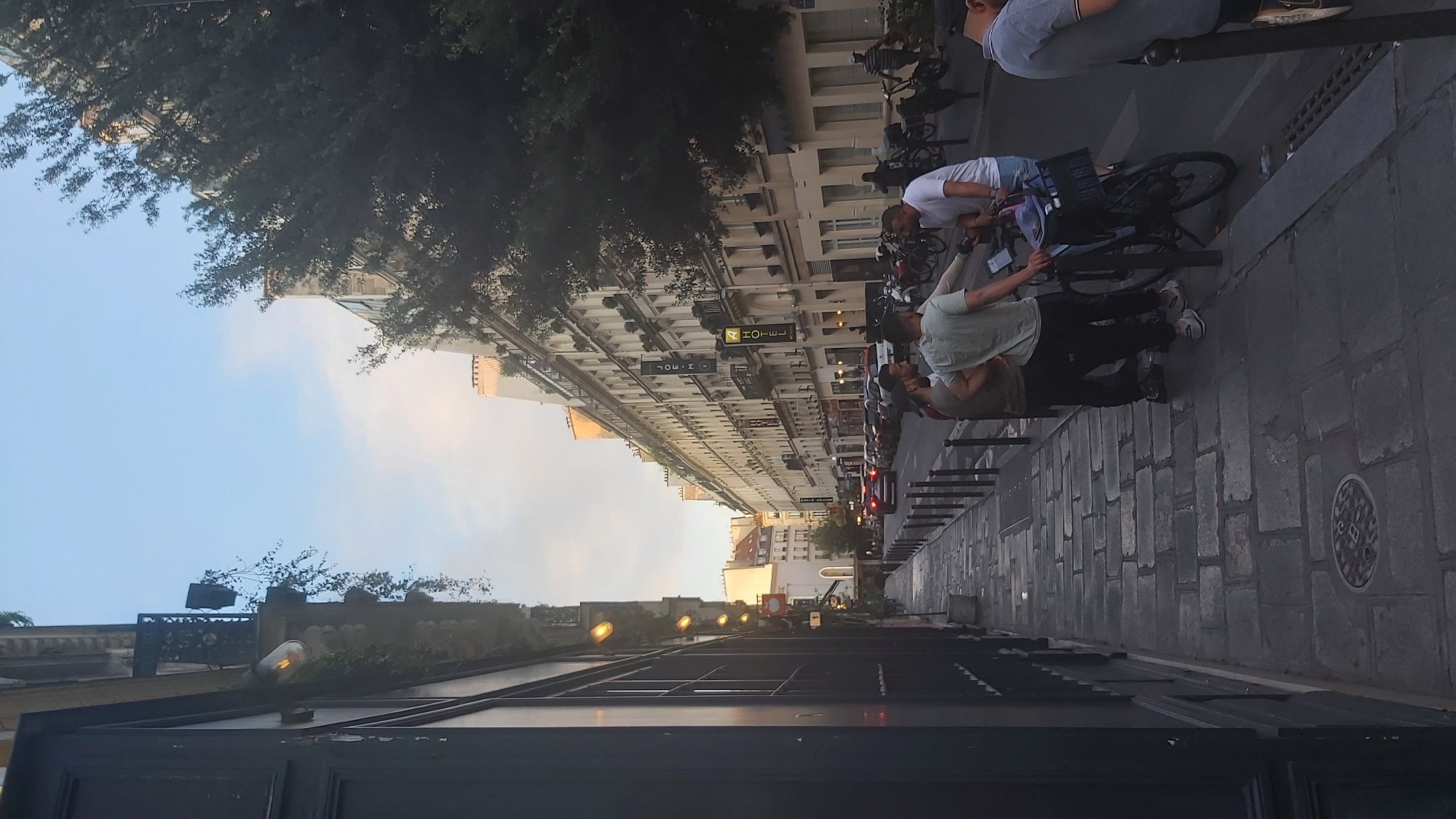 The image depicts a street scene in Paris, France, likely during the late afternoon or early evening. The perspective is from a sidewalk looking down a narrow street lined with tall, multi-story buildings that exhibit classic Parisian architectural features, including mansard roofs and balconies. The buildings have numerous windows and are painted in light colors, predominantly beige or cream. Several businesses are visible at street level, indicated by signs. One prominent sign reads "A HOTEL." A tree with dense foliage extends into the frame from the right, obscuring part of the sky and buildings.
On the sidewalk to the left, a dark-colored building facade with large windows and exterior lights is visible. The sidewalk itself is paved with cobblestones. In the street, there is moderate traffic, with cars, motorcycles, and bicycles. Several people are standing on the sidewalk near bicycles, some appearing to be engaged in conversation. One individual is wearing a gray t-shirt and shorts, and another is in a light green t-shirt and dark pants. A bicycle with a basket is positioned between two individuals. The sky is clear with a soft, diffused light, suggesting either sunrise or sunset. The overall atmosphere is that of an urban environment in Paris.