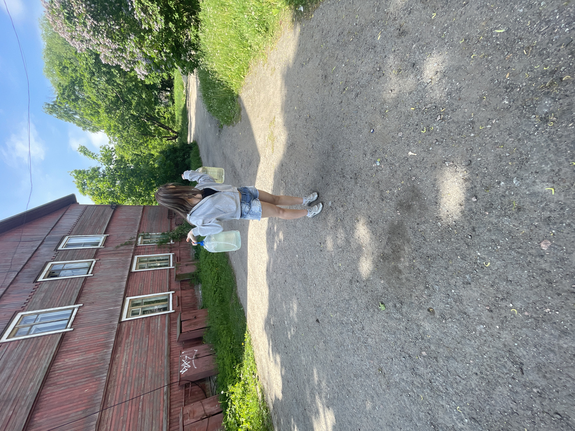 This image depicts an outdoor scene in Priozersk, Russia, on a bright, sunny day.
A young female, seen from a slightly elevated angle and behind her left shoulder, stands on an unpaved path. She has long, light brown hair and is wearing a light gray zip-up hoodie over a dark top, distressed denim shorts, and light-colored athletic shoes. She holds a large, clear plastic bottle filled with a translucent, light-yellowish liquid in each hand, her arms extended slightly outwards from her body.
To the left of the path, an aged, two-story wooden building with faded red horizontal siding extends into the distance. The building features several white-framed rectangular windows with multiple panes on both the first and second floors. Along the base of the building, below the first-floor windows, are multiple rusty, reddish-brown metal access panels or storage units, one of which is marked with white graffiti. Patches of green grass and weeds grow along the base of the building.
To the right of the path, dense green foliage, including tall deciduous trees and a large lilac bush blooming with light purple flowers, borders the scene. The path itself is composed of dirt and gravel, uneven in texture, with scattered small stones and some light debris. Strong sunlight casts distinct shadows, including that of the person, across the path. The sky above is clear and bright blue with a few wispy white clouds visible.