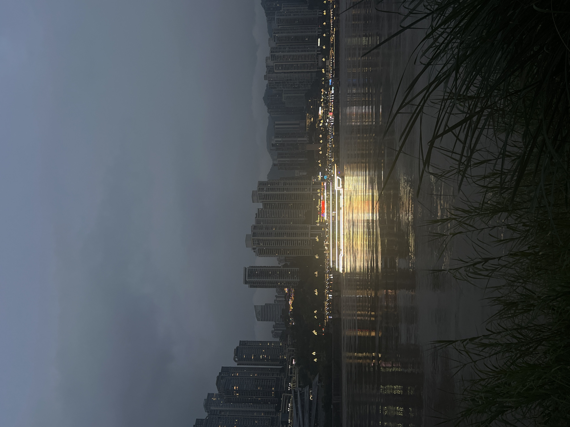 This is a horizontal, eye-level shot of the Yangtze River at dusk in Jiangbeicheng Street, Chongqing, China. The sky is overcast with a dim, moody gray tone. A large, illuminated cruise ship traverses the river from left to right, its lights creating a vibrant, blurred reflection on the water's surface. The cityscape rises behind the river, a dense collection of modern, high-rise buildings of varying heights and architectural styles. Some buildings have illuminated windows, adding to the soft glow of the city. The riverbanks are lined with more buildings and a promenade with streetlights. In the foreground, tall, dark green grass grows in the shallow water, its blades reaching upwards and obscuring the lower portion of the frame. The overall atmosphere is serene and slightly melancholic due to the low light and overcast conditions.