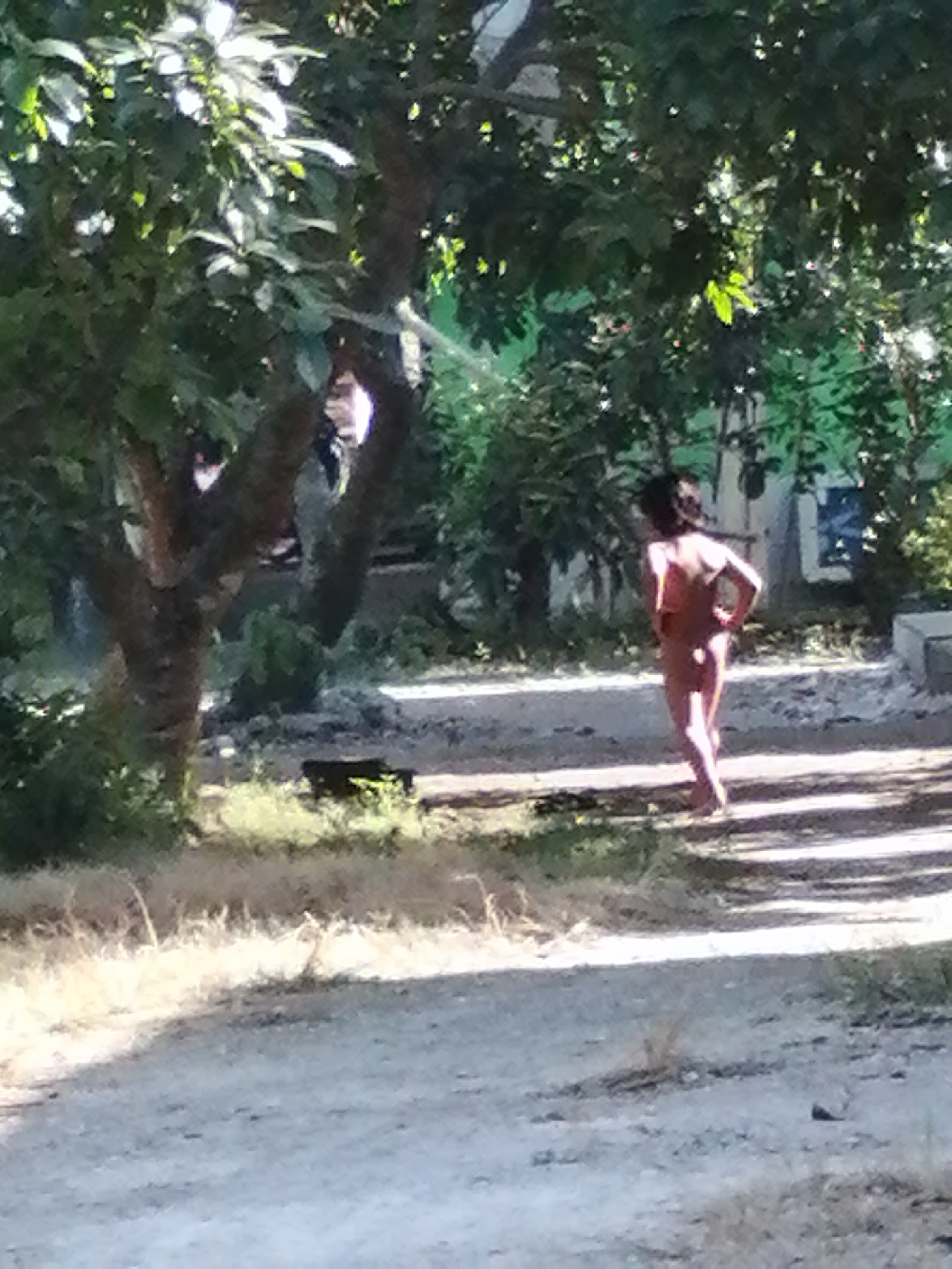 A person is standing in an outdoor, dirt area with trees and foliage around them. The person is nude and facing away from the camera, with their left hand on their hip and their right arm slightly bent. The person appears to have dark hair and a light skin tone. The ground is covered in dirt and gravel, with some dry grass and low-lying plants. In the background, there are more trees and some structures that are difficult to discern clearly. The lighting suggests it is daytime, with sunlight casting shadows.