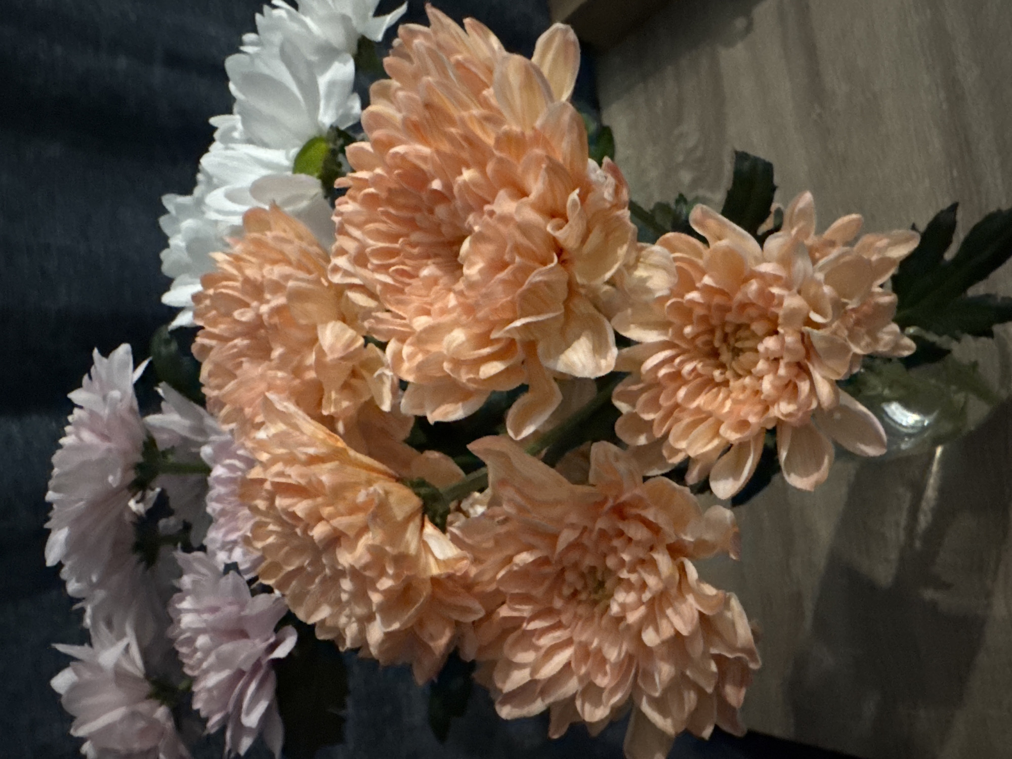 A cluster of flowers, mainly chrysanthemums, is arranged in a vase. The flowers are of various colors: white, pale pink, and peach. The peach-colored chrysanthemums dominate the arrangement. Some green leaves are visible amongst the flowers. The background is a combination of grey and dark blue, with hints of a wooden surface. There is no indication of the location of Boreti, Montenegro.