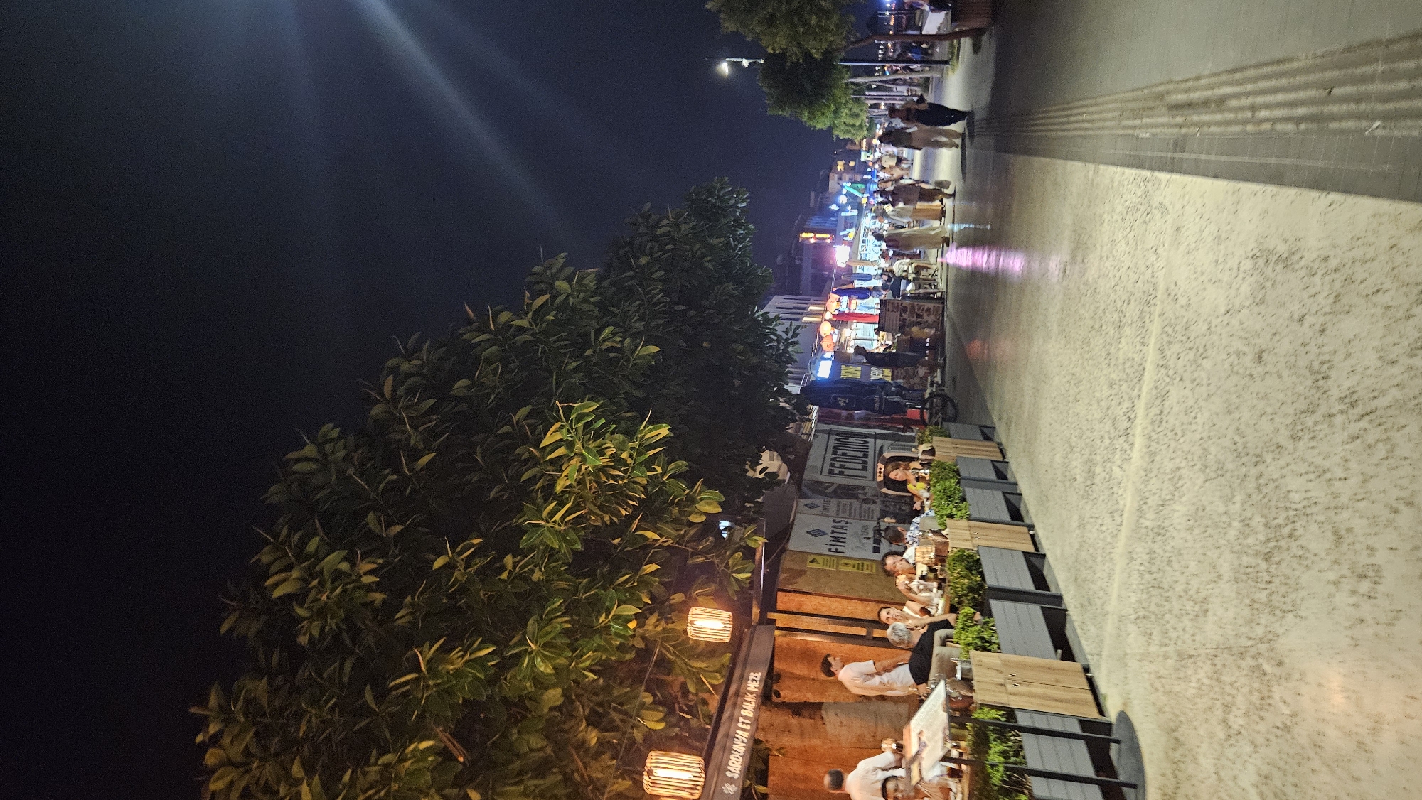 The image depicts a nighttime scene of a bustling pedestrian walkway lined with restaurants and shops in the city of Fethiye, Turkey. A large tree with illuminated lanterns hanging from its branches partially obscures the view of the storefronts. People are seated at tables outside a restaurant, enjoying meals and conversation. Further down the walkway, a crowd of people strolls by, illuminated by the bright lights of the shops and streetlights. The ground is paved with a textured surface, reflecting the ambient light. The sky above is dark, indicating it is nighttime. The overall atmosphere is lively and social.