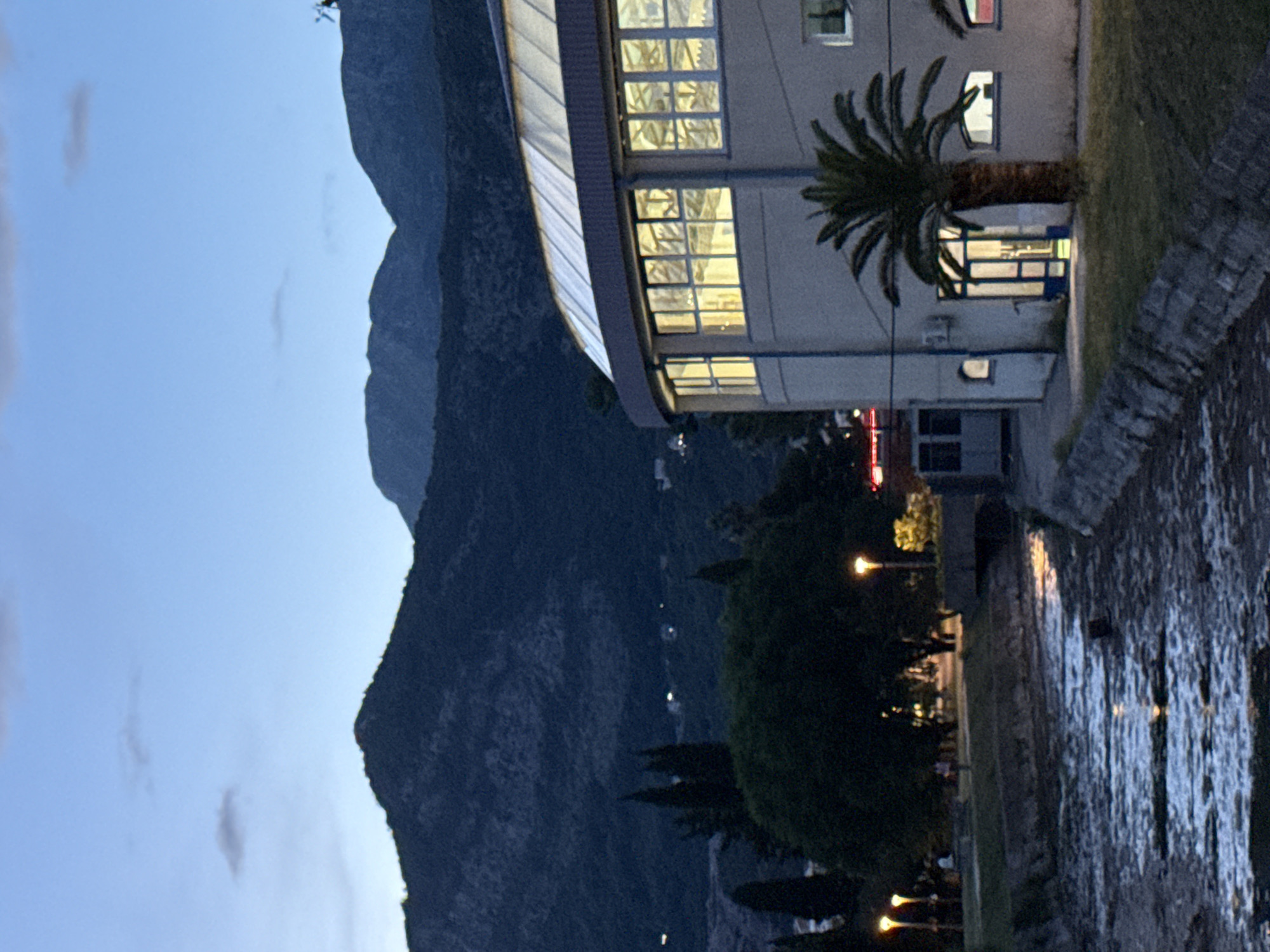 The image depicts an evening or nighttime scene in Budva, Montenegro, showcasing a blend of natural landscape and urban architecture. In the background, imposing dark mountains rise, their rugged profiles silhouetted against a deep blue twilight sky that features a few faint, wispy clouds.
In the midground on the right, a multi-story building stands prominently. It features large windows, many of which are brightly illuminated with a warm yellow light, suggesting interior activity. The building has a distinctive curved roof or architectural feature along its left side. A robust palm tree with fanned fronds stands directly in front of the building, its silhouette and trunk visible against the illuminated structure.
Below the building, various trees and green patches of grass are present. Several streetlights are visible, casting warm glows on the surroundings, some of which are reflected in the water. In the foreground and extending into the midground on the right, a body of water, likely a canal or river, flows. Its dark surface reflects the artificial lights from the building and streetlights, creating shimmering patterns. The edge of the water is lined with a textured stone wall.
The time of day is clearly dusk or night, as evidenced by the dark sky and the illumination provided by artificial lights. The scene conveys a peaceful and calm ambiance. There are no visible people or discernible text in the image.