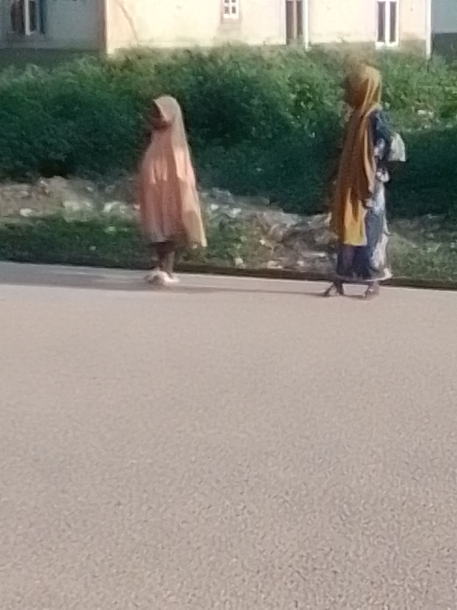 Two individuals are standing on a paved surface, likely a road, in front of a grassy area and a building. The individual on the left is wearing a light-colored, flowing garment and appears to be younger. The individual on the right is wearing a dark-colored garment with a patterned design and a tan headscarf. The building in the background is light-colored with visible windows. The scene appears to be in an outdoor urban setting in Gombe, Nigeria.