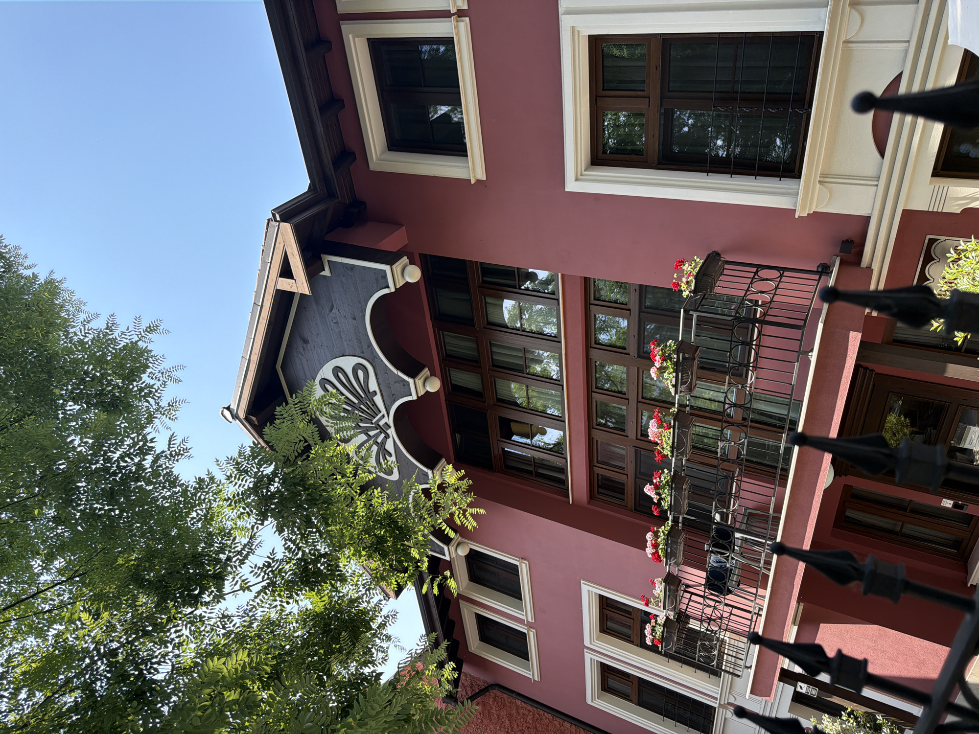 The image displays a detailed, upward-angled view of a multi-story building in Plovdiv, Bulgaria, under a clear blue sky. The structure's primary facade is painted a deep reddish-pink or mauve. The upper section features a dark brown wooden gable adorned with an ornate white, stylized fan or shell-like decoration, bordered by arching white trim and dark wood elements. The roofline includes dark brown eaves with visible wooden supports. Multiple windows with dark brown frames are present, each outlined by prominent white or cream-colored sills and surrounds, some exhibiting decorative moldings. Reflections of green trees and the blue sky are discernible in the windowpanes. A black metal balcony with a decorative railing spans a portion of the facade, hosting several black flower boxes containing vibrant pink and red geraniums. Two dark-colored chairs are positioned on the balcony behind the railing. In the foreground, a black metal fence with pointed finials partially obscures the lower part of the building. The top left of the frame is covered by dense green foliage from a tree, through which sunlight filters. No individuals are visible in the scene.