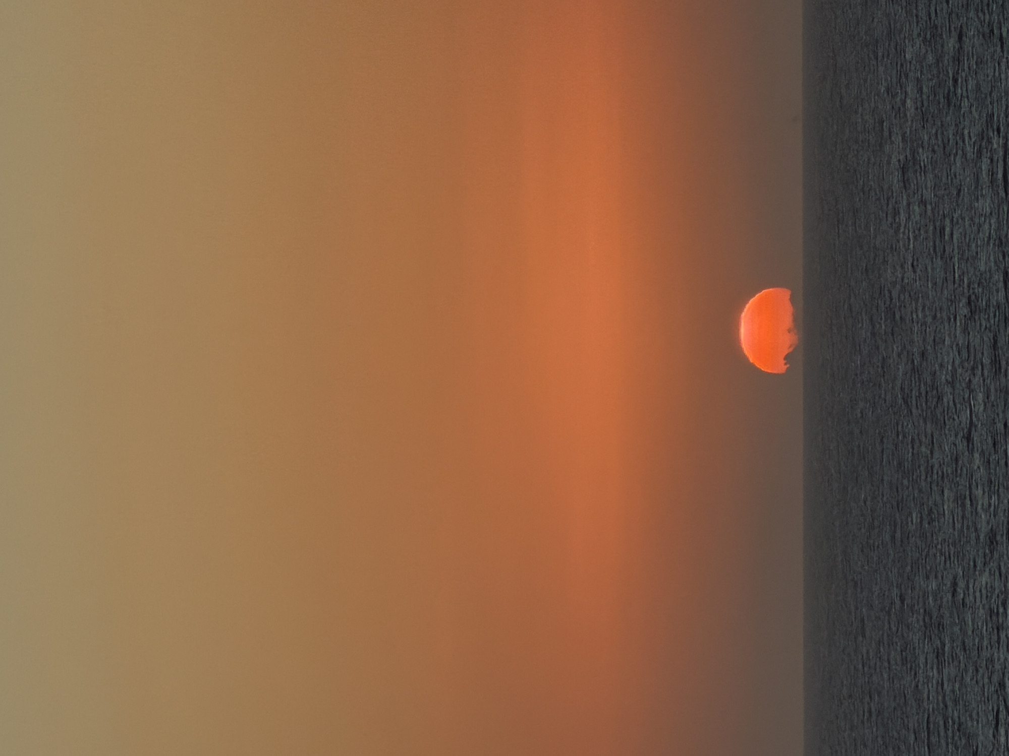 A vertical image depicts a scene with a stark contrast between the left and right sides. On the left, a hazy, warm-toned expanse of brown-orange fades towards a lighter shade, suggesting a sky or atmosphere filled with dust or fog. A bright orange orb, reminiscent of a setting sun, is partially visible on the right side of the hazy expanse, partially obscured and seemingly bisected by the edge of a dark mass. On the right side, a textured, dark gray area fills the frame. The texture suggests a rough surface, perhaps a cliff face, mountain range, or even a dense forest seen from a distance. The image suggests a sunset or sunrise over a hazy or foggy landscape, where the sun is partially obscured by a natural feature on the horizon. The location of the city is unknown.