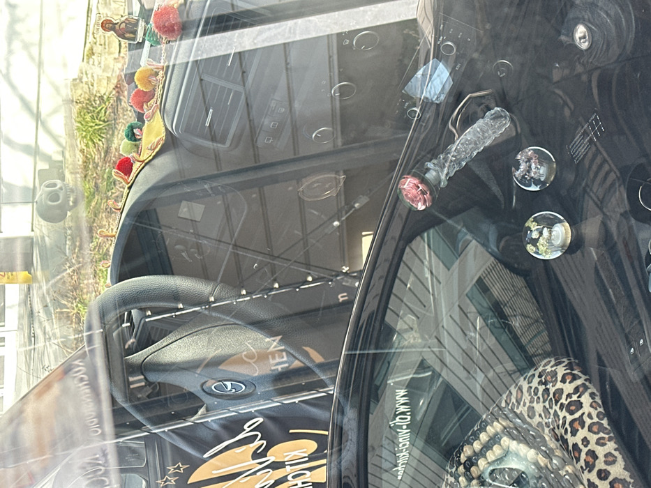 The image depicts the interior of a parked left-hand drive vehicle, observed through its front windshield and passenger side window in Jestetten, Germany. The steering wheel, dashboard with air vents, and various control knobs are visible. On the dashboard, a strip adorned with five colorful pom-poms (red, green, orange, light green, red) and small hooks is present. A small religious icon and two clear spherical decorative objects, one containing a miniature cake and flowers, the other flowers in a vase, are also displayed. A clear, faceted crystal-like object topped with a pink rose is positioned near the dashboard controls, possibly functioning as a gear selector or a decorative handle. A seat partially covered in leopard print fabric is visible on the right. Reflections on the glass include distorted text, such as "KITCHEN" with star motifs, and the reversed website "www.di-vinci-kitchen.de". Through the glass, an exterior scene is visible featuring a grey, stylized skull-shaped object resting on dry grass. Additional reflections suggest urban surroundings, possibly a building with horizontal elements and a faint yellow object resembling a "wet floor" sign. The scene is illuminated by natural daylight.