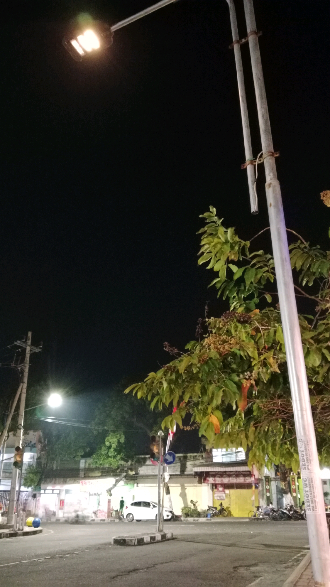 The image captures a street scene at night in Magetan, Indonesia. A tall, modern streetlamp with a bright, warm light illuminates the upper left portion of the frame. To the right, a weathered metal pole, likely part of a traffic signal or other street infrastructure, stands prominently, showing signs of rust and possibly graffiti near the top. A lush green tree with small, dark berries or fruits occupies the right and center-right of the image, its leaves partially obscuring the sky and the pole.
The background reveals a street at an intersection, with a sidewalk and various buildings. A traffic light is visible on the left, and further down the street, a white car is parked. Several motorcycles are also parked on the right side of the street, and a bicycle can be seen. A few individuals are present, one standing near the white car and another near the motorcycles. The buildings appear to be commercial establishments, with some displaying signs and lights. The overall atmosphere suggests a typical urban setting at night, with artificial lighting from streetlamps, buildings, and possibly vehicles casting a glow on the street. The dark night sky dominates the upper portion of the image.