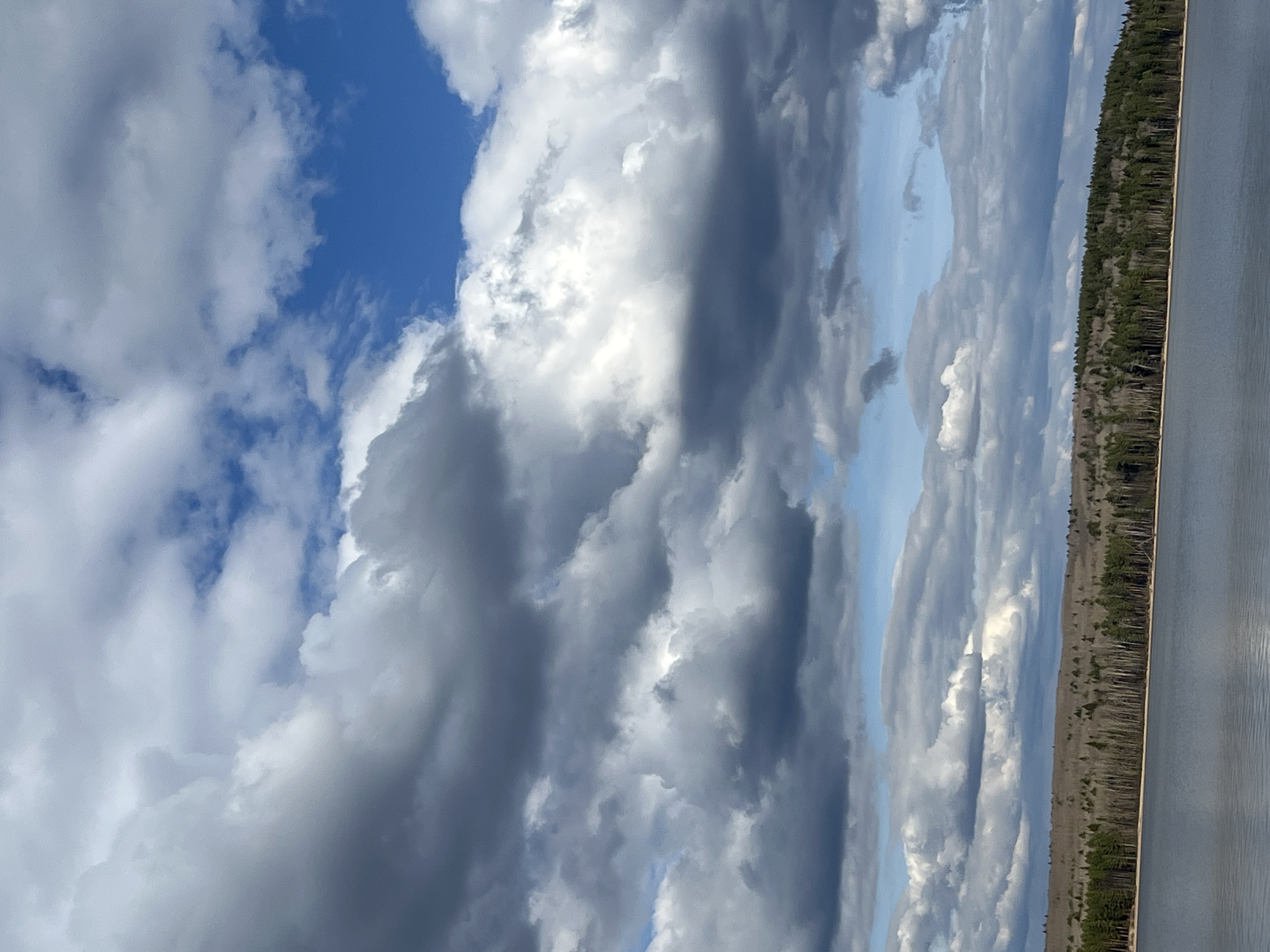 This landscape image, likely captured in the area of Chaikovsky, Russia, showcases a broad, natural vista. The scene is divided horizontally into a vast sky and a tranquil body of water, separated by a distant forested shoreline.
The sky occupies the majority of the frame and is filled with dramatic, textured clouds. These cumulus formations display a range of tones, from bright, sun-kissed white where light reflects off them, to darker, shadowed grey and blue-grey, indicating depth and varying light conditions. Several patches of clear, vivid blue sky are visible between the clouds, suggesting a day with mixed sun and cloud cover.
Below the sky, a calm body of water stretches across the lower portion of the image. Its surface is relatively smooth, exhibiting subtle ripples and reflecting the muted light from the sky above.
Along the distant horizon, a dense forest lines the shore, forming a dark, continuous band between the water and the sky. The trees appear to be a mix of coniferous species and possibly deciduous trees, given their sparse foliage, hinting at a season like early spring or late autumn.
The overall lighting suggests daytime, with the interplay of light and shadow on the clouds creating a dynamic atmosphere. No people, man-made structures, or visible text are present, emphasizing the untouched natural beauty of the environment. The image evokes a sense of peace and natural grandeur.