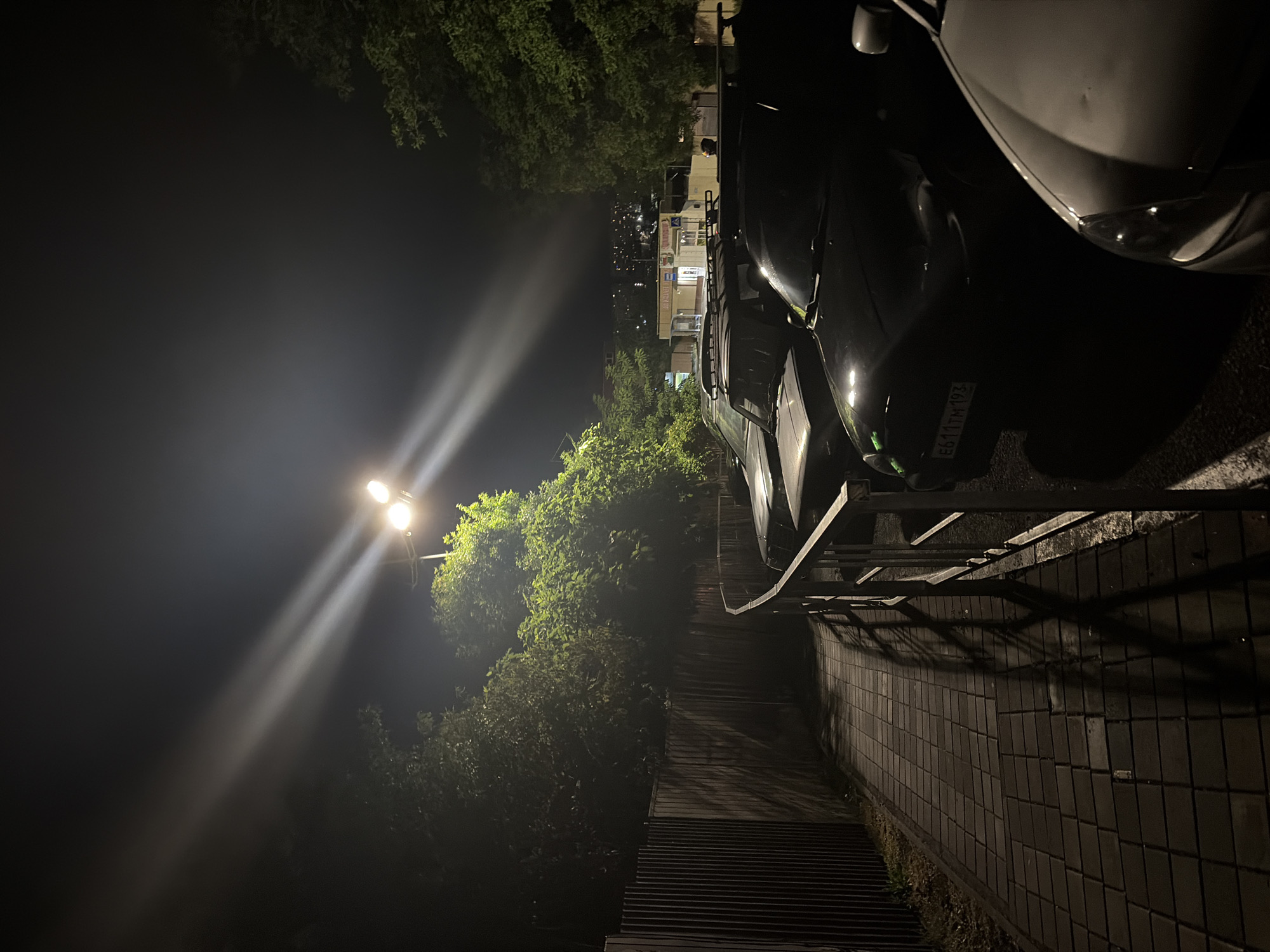 The image depicts a dimly lit parking area at night, illuminated by a street lamp. A paved walkway runs alongside a tall, dark fence on the left. To the right of the walkway, several parked cars are visible, including a dark-colored car with a license plate reading "E611TM 193". In the background, a building with illuminated windows and a sign can be seen, suggesting the location is an urban or semi-urban area. Trees with green foliage are present on both sides of the scene, some of which are lit by the street lamp. The overall atmosphere is nocturnal and somewhat deserted. While the image is not explicitly identifiable as being in Sochi, Russia, the presence of a Russian license plate on one of the vehicles strongly suggests this location.