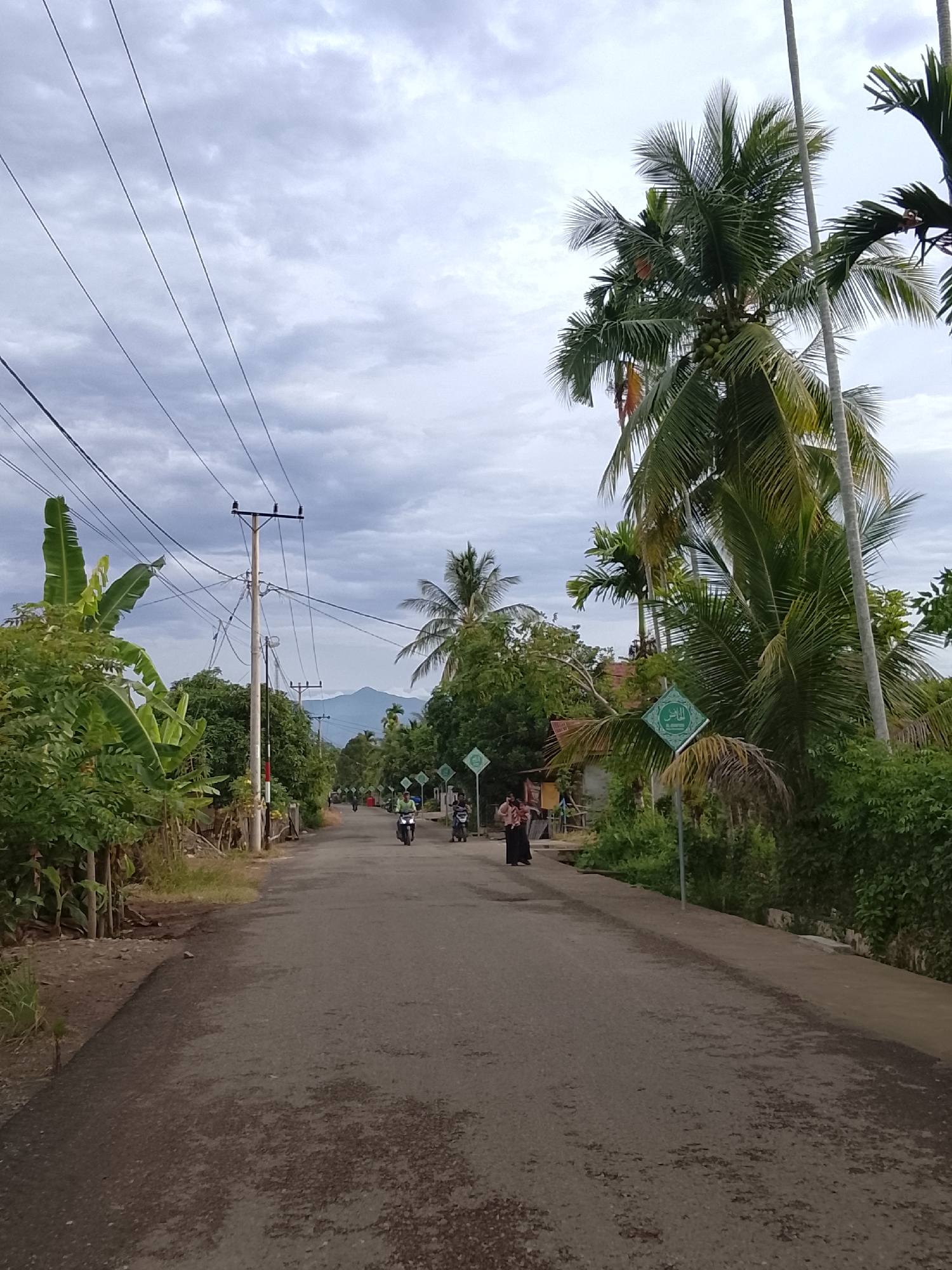 The image shows a paved road in Seunong, Indonesia, with a cloudy sky. On the left side of the road, there are banana trees and lush green vegetation. A utility pole with multiple wires stands near the road. Further down the road, there are several people on motorcycles, and some houses are visible behind trees and palm trees. On the right side of the road, there are palm trees and dense green foliage. Several diamond-shaped green signs with Arabic script are placed along the roadside. In the distance, mountains are visible. The road appears to be in a rural or semi-rural area.