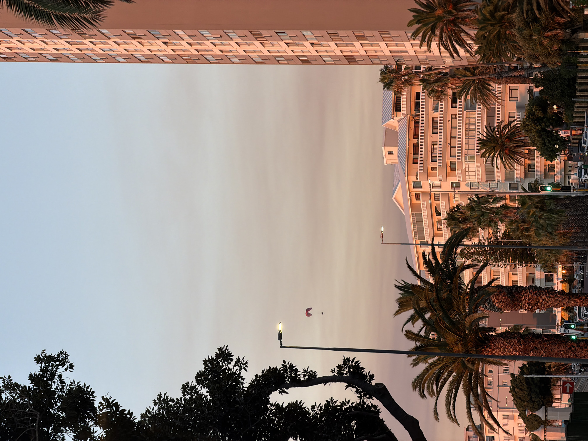 The image shows an upward view of a Cape Town street at dusk, featuring buildings, palm trees, and sky. In the foreground are dark tree branches. A street lamp stands prominently. A red balloon is floating in the sky. In the midground, palm trees line the street, adjacent to several tall buildings with balconies. At the top of the frame, another multi-story building is visible. Streetlights and traffic signals are also present. The sky transitions from a pale blue to a light orange hue. The image appears to have been rotated 90 degrees counter-clockwise. The location is likely along the coast of Cape Town.