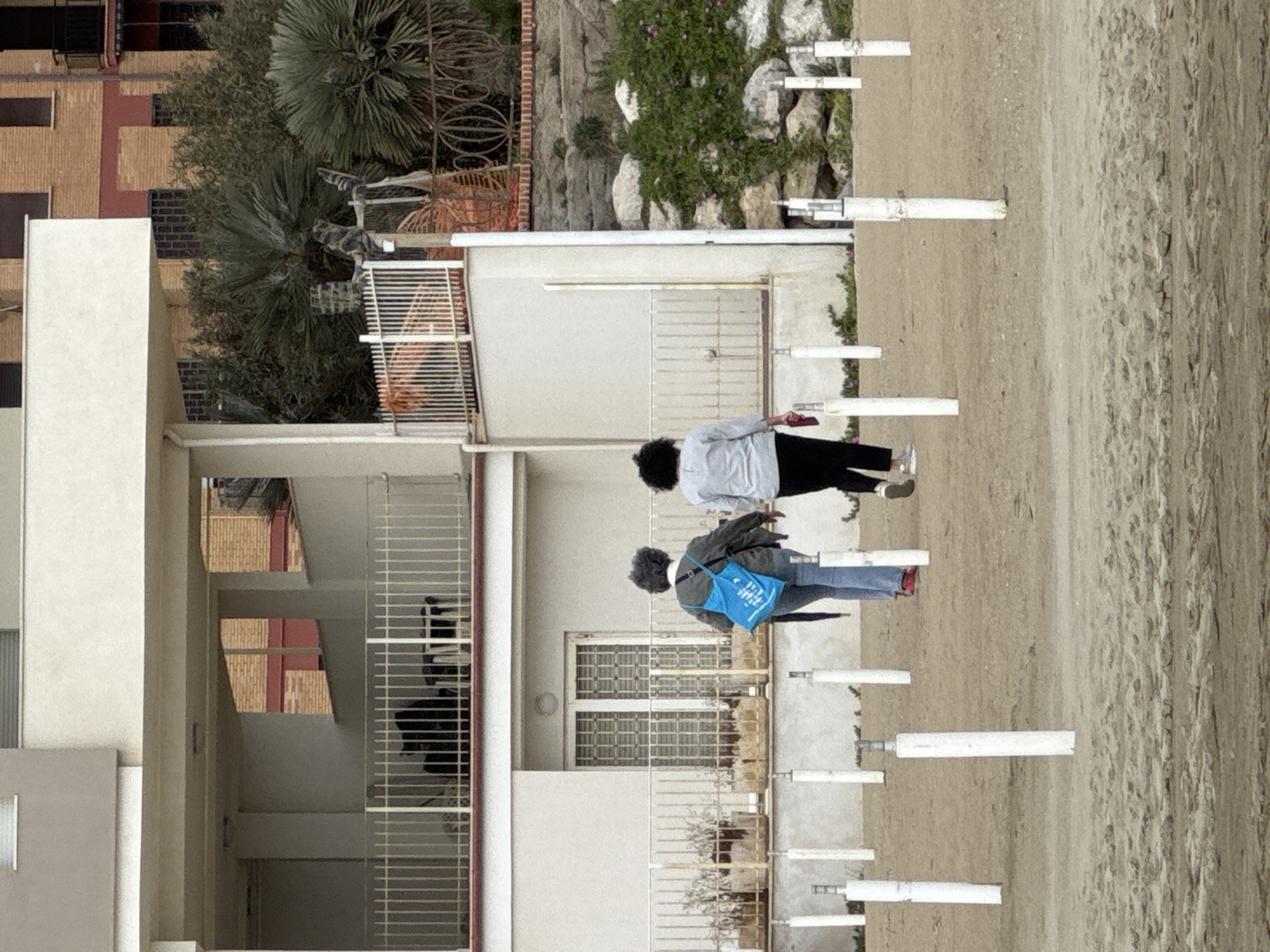 This media file, oriented correctly, depicts an outdoor scene in Nettuno, Italy, on what appears to be an overcast or diffused daylight day.
**Subjects:** The primary subjects are two individuals walking away from the viewer on a dirt or sandy path. The person in front wears a light-colored long-sleeved top and dark trousers, while the person behind them has dark curly hair, wears a dark jacket, blue jeans, and carries a bright blue tote bag over their shoulder.
**Objects and Setting:** The path, which occupies the right side of the frame, is lined with several white cylindrical posts, suggesting a marked track or boundary. To the left of the path, there are multi-story buildings with light-colored facades, some featuring horizontal window grates and others with visible reddish-brown brickwork. Green vegetation, including several prominent palm trees and bushes growing on a rocky slope, is visible between and behind the buildings, adding a natural element to the urban environment. Metal railings are also present on the building's balconies or exterior.
**Activity:** The two individuals are engaged in walking, presumably along a public path or track next to residential or commercial structures.
**Notable Details:** The overall lighting is soft, indicating either an overcast sky or a time of day when the sun is not directly overhead. The architectural style and vegetation, particularly the palm trees, align with a Mediterranean climate consistent with the location context of Nettuno, Italy. The blue tote bag carried by one person has an unidentifiable white logo or text printed on its side. No specific emotions are discernible from the subjects' backs.