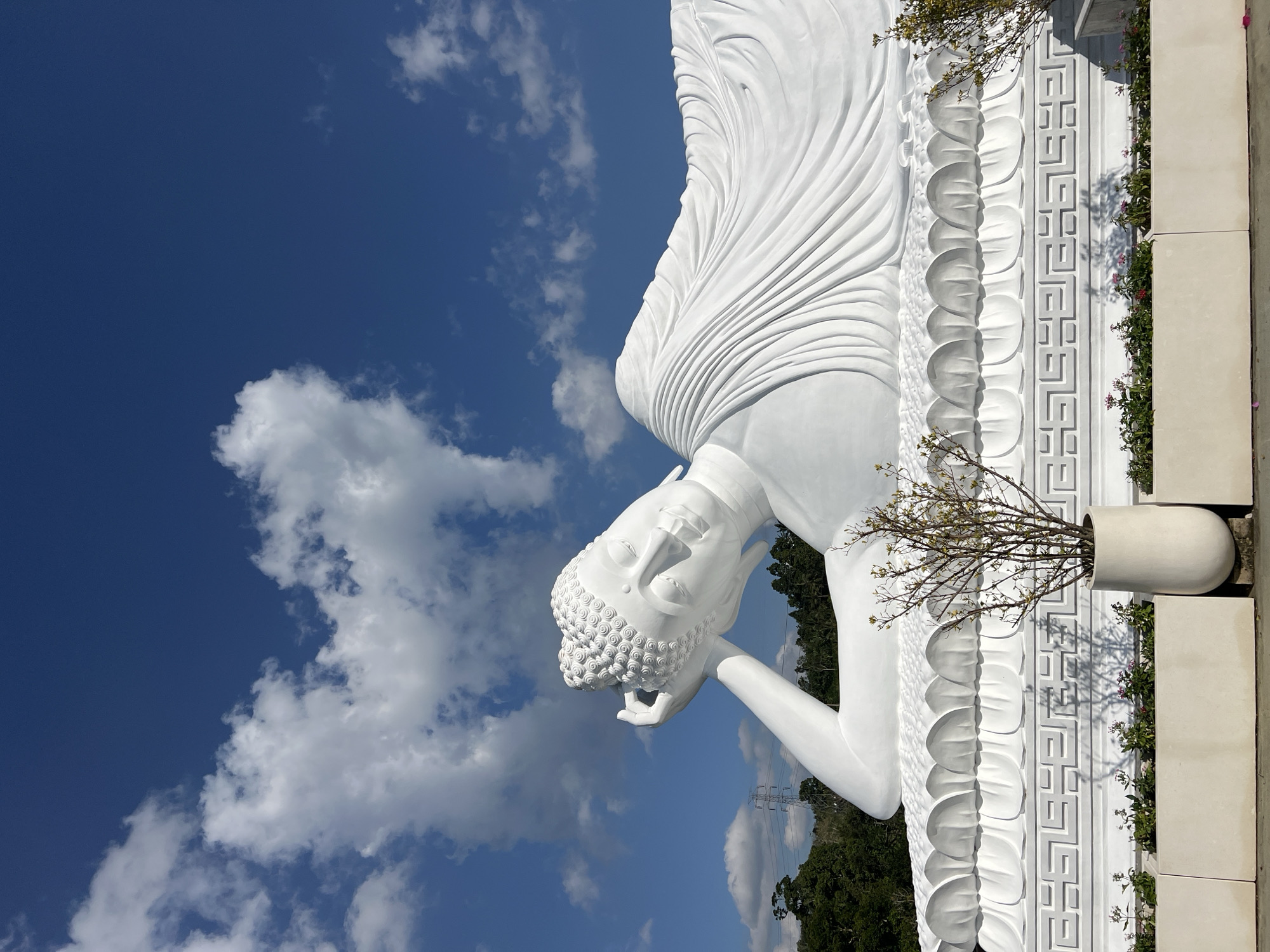 A large, white, reclining Buddha statue is depicted outdoors under a bright blue sky with scattered white clouds. The statue is positioned in the city of Pupuan, Indonesia. The Buddha is resting on its right side, with its head supported by its right arm and hand. The statue's features are serene, with eyes closed and a slight smile. The drapery of the Buddha's robe is intricately sculpted, creating a sense of movement and texture. In the foreground, there are planters with small green plants and some pink flowers. The base of the statue is adorned with a decorative pattern. In the background, there are lush green trees and a transmission tower visible. The overall scene conveys a sense of peace and tranquility.