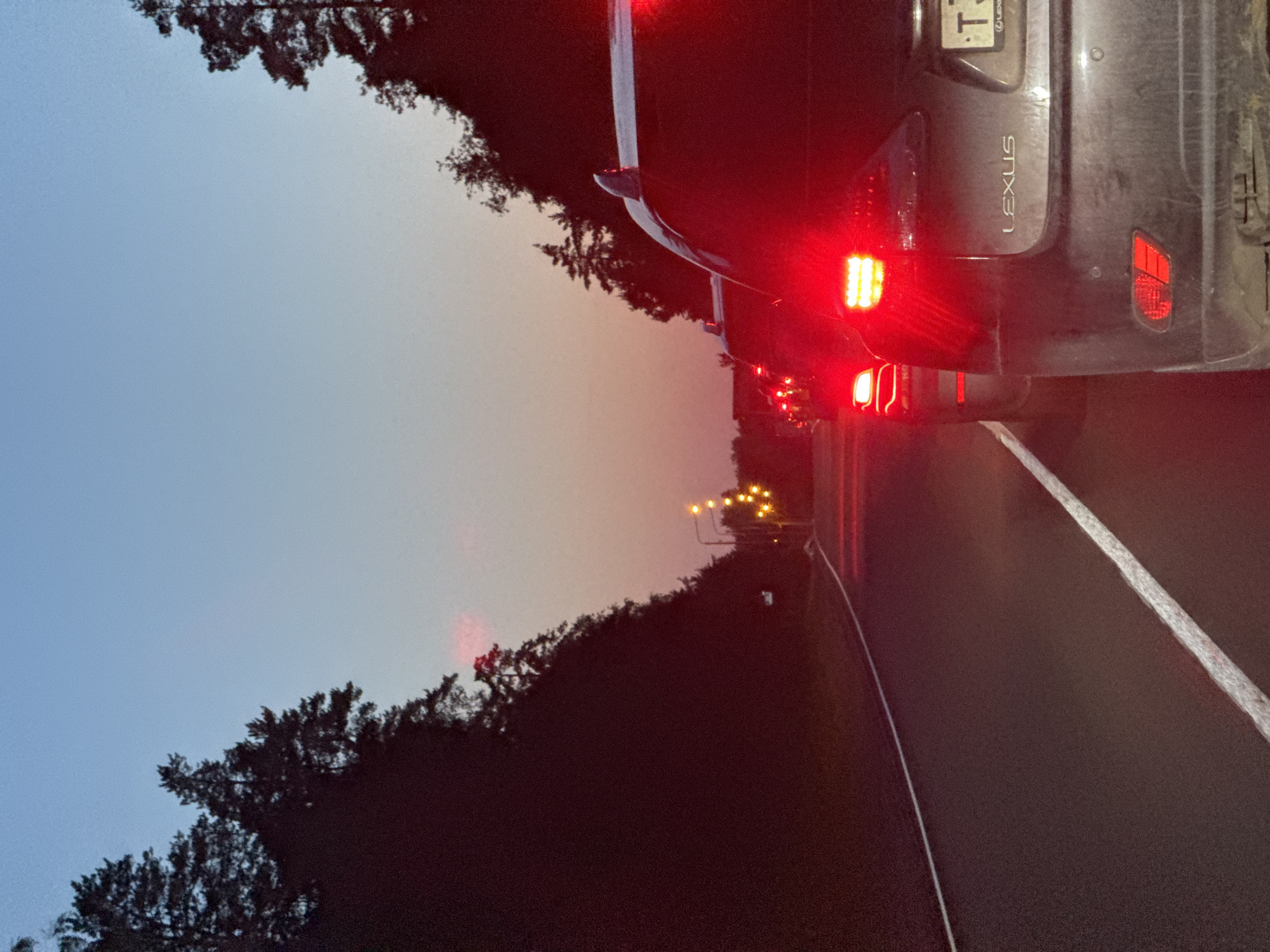 The image shows a traffic jam on a road at dusk in Sukhodolye, Russia. Several cars are stopped in a line, with their brake lights illuminated. The road is paved and has a white line marking the lane. On either side of the road are dense forests of pine trees. The sky is a gradient of blue and orange, indicating either sunrise or sunset. Streetlights are visible in the distance, adding to the dim lighting. The perspective is from inside a vehicle, looking forward through the rear window of the car in front.
