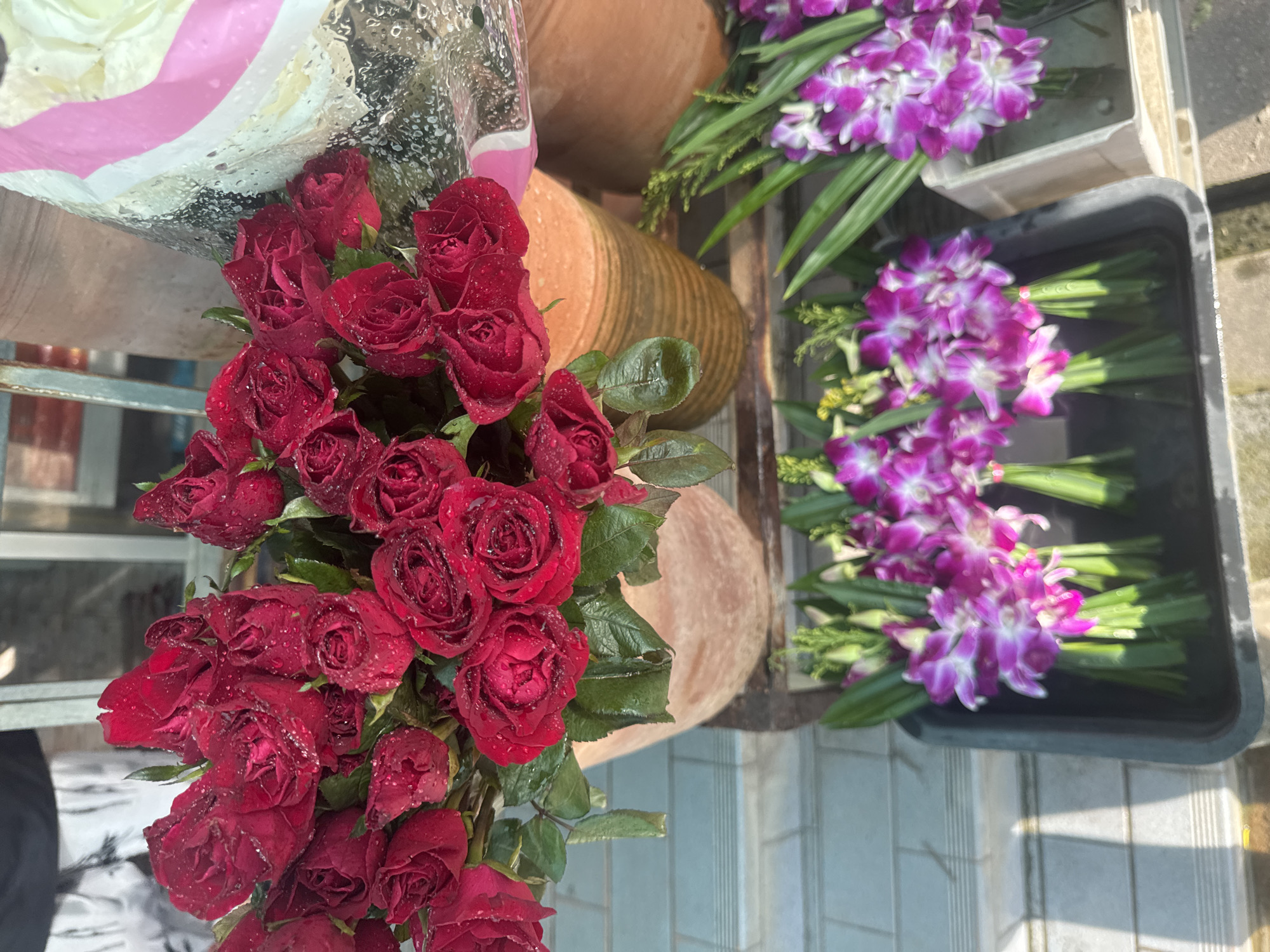 A close-up, slightly overhead view captures a collection of floral arrangements on a surface that appears to be a market stall. Dominating the upper portion of the image is a large bouquet of deep red roses, their petals glistening with water droplets, suggesting they have recently been misted or watered. These roses are arranged in a rustic, terracotta-colored pot. To the right of the roses, a portion of another floral arrangement is visible, wrapped in clear plastic with pink and white decorative paper. Below the roses, in the foreground, are two shallow trays containing smaller bouquets. These bouquets are composed of vibrant purple and white orchids, interspersed with long, green leaves. The lighting suggests an outdoor setting, possibly a sunny day, casting shadows and highlights on the scene. The background is blurred but shows hints of vertical metal structures and a light-colored wall with horizontal lines, possibly indicating a building or stall structure. The overall impression is one of fresh flowers displayed for sale.