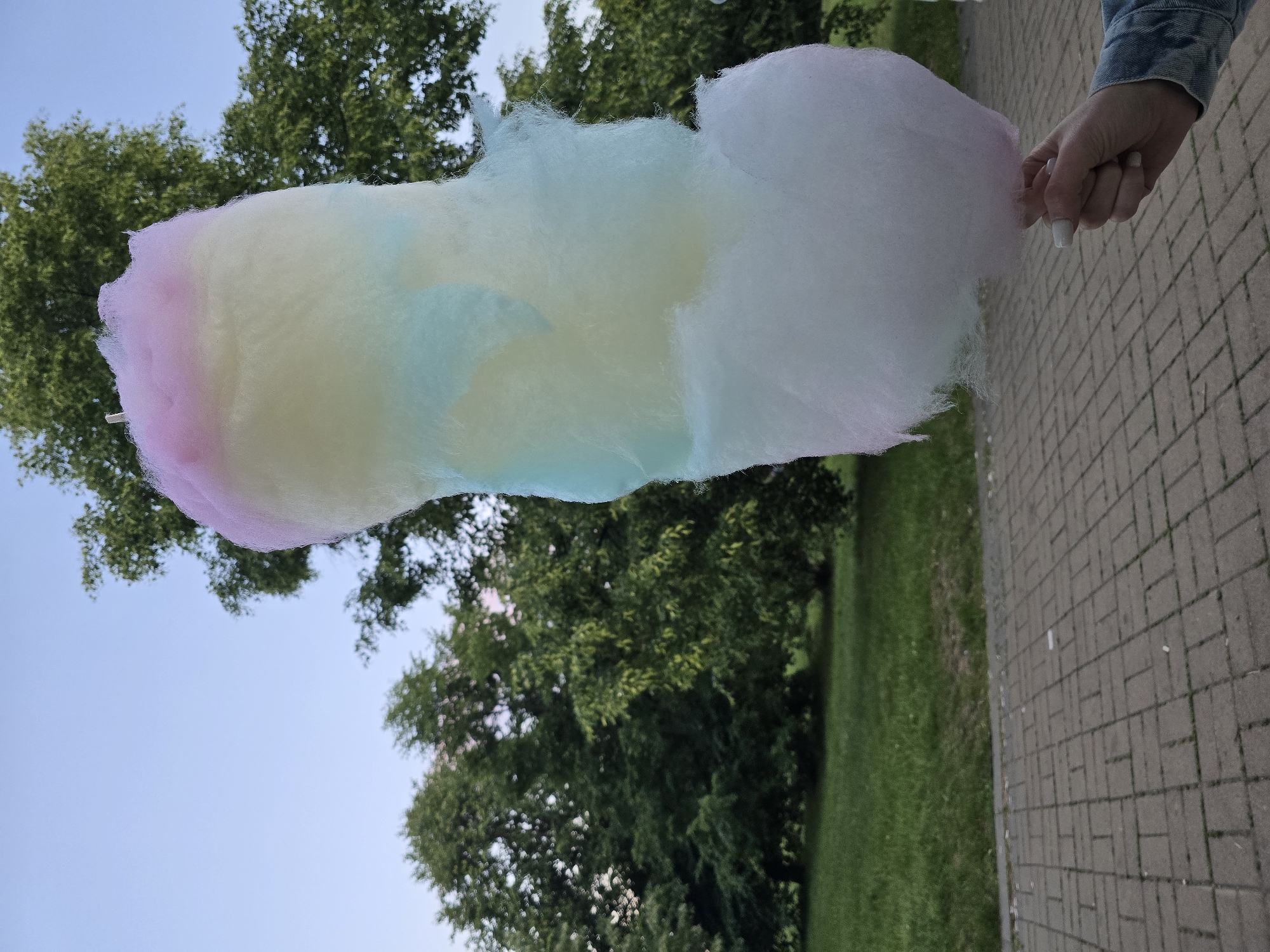 An outdoor shot depicts a multi-colored cotton candy held by a person's hand against a background of trees and a clear sky. The cotton candy is primarily white, with streaks of light blue, yellow, and pink. The person's hand, with white painted fingernails, is visible at the bottom right, wearing a denim jacket. The environment appears to be a park, with green grass and a paved walkway in the foreground. The specific location in Sofia, Bulgaria is not determinable from the image alone.